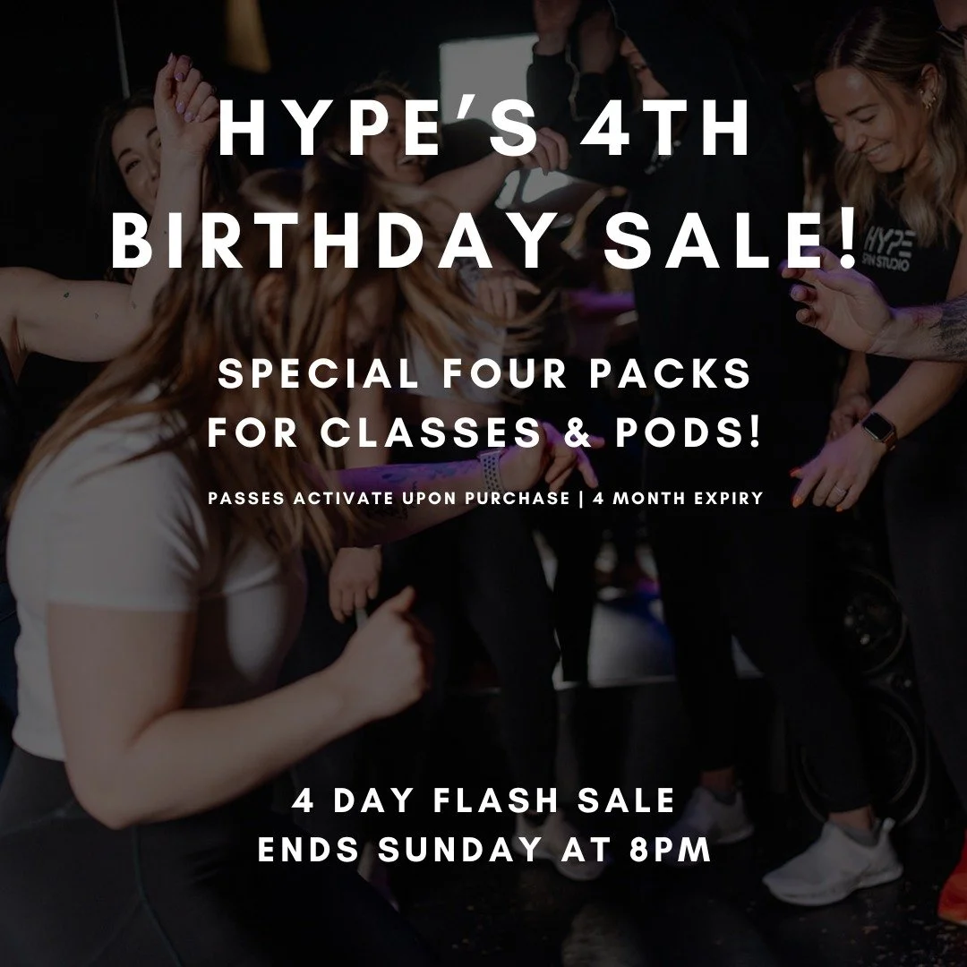 Four years of HYPE ❤️
So we're celebrating with a flash sale.

💫4 classes for only $79
💫4 pod sessions for only $109

All packs have a four month expiry. 

Offer is on for four days only (ends Sunday at 8pm).

If you've been meaning to come back in