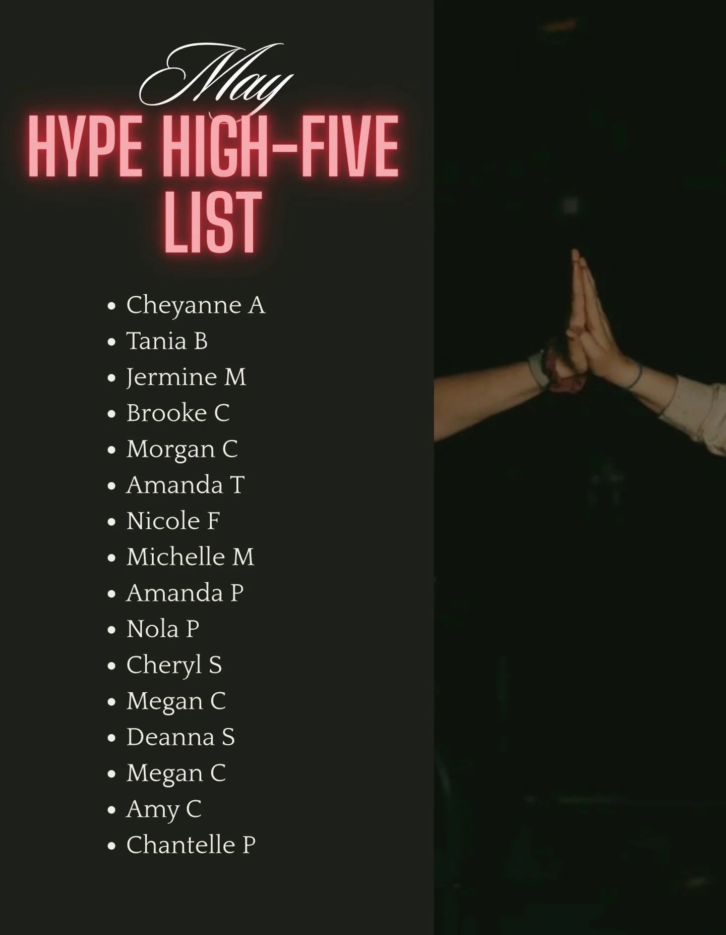 The May HYPE High-Five List is here! 🔥 

A BIG shoutout to this crew of awesome riders:

💛 HYPE Women - they bring positive energy into every class! They&rsquo;re welcoming, encouraging, and always supporting the people around them: @chey_anne_14 &