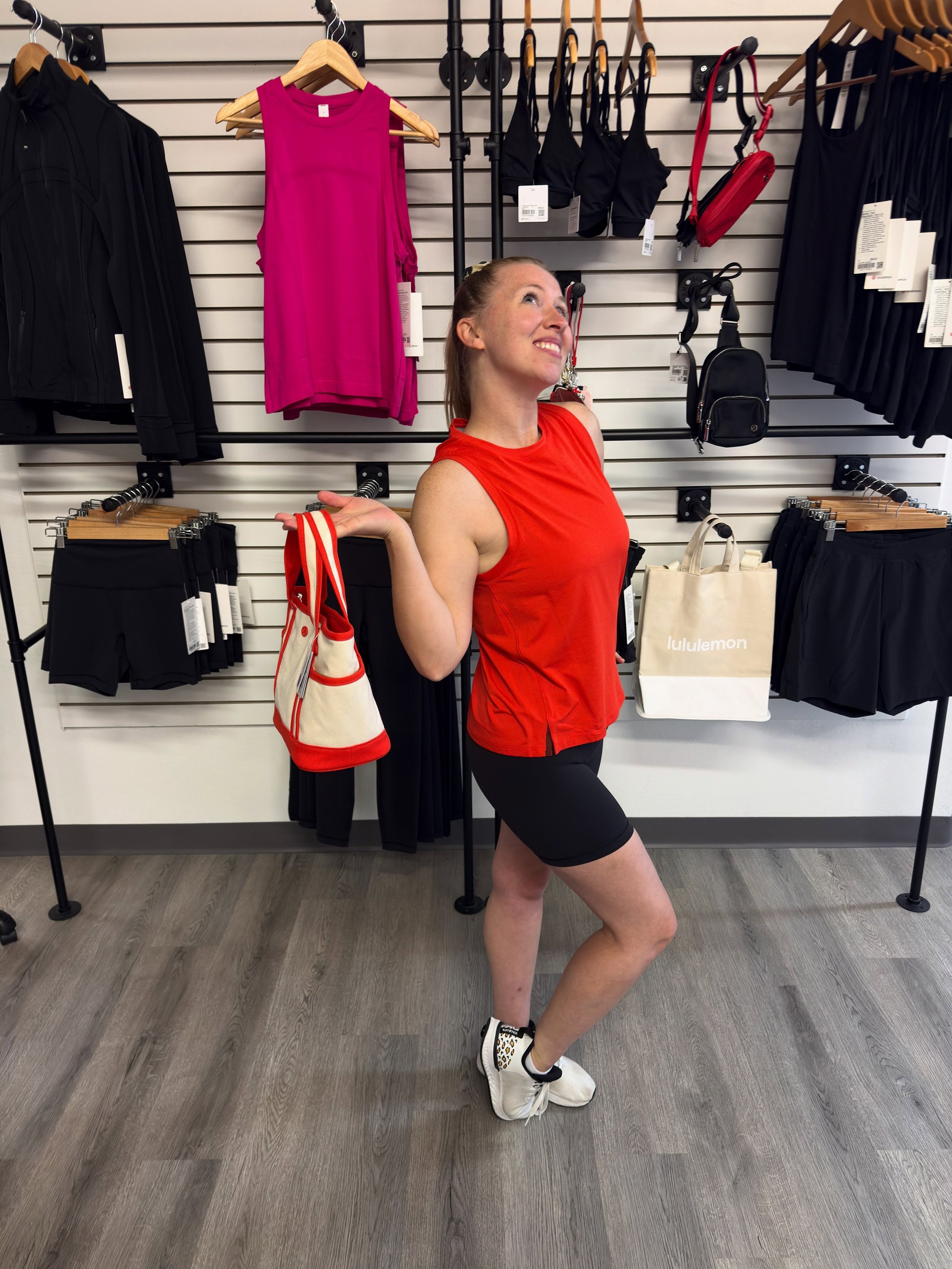 Our summer markdowns are going fast.☀️Scoop up a sweet deal on some cute summer pieces to enjoy for the rest of the season (and in the studio all year, really). 

Erica is having fun in some of her favourite pieces. 😁

Outfit #1: 
✨lululemon License