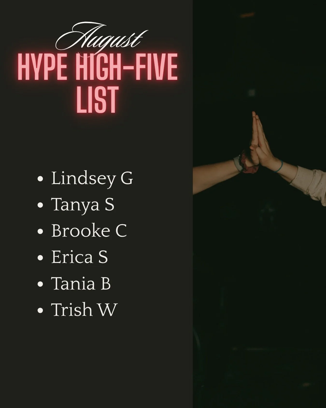 The August HYPE High-Five list is here! 🥳

Shoutout to this crew of amazing riders 👇 

💛 HYPE Woman - this rider brought the positive and welcoming energy + always encouraged and supported everyone around them: @lindseygohmann 

🔥 First Time Fron