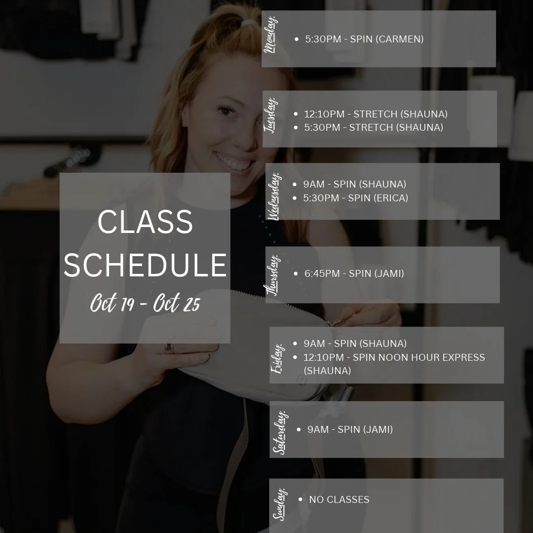 Sometimes you just feel ready to find your rhythm again. Fitting in a little more movement and some time for yourself---doing the things that help you feel good.

Spin, stretch and recover this week. We're here for all of it. 

Check out the schedule