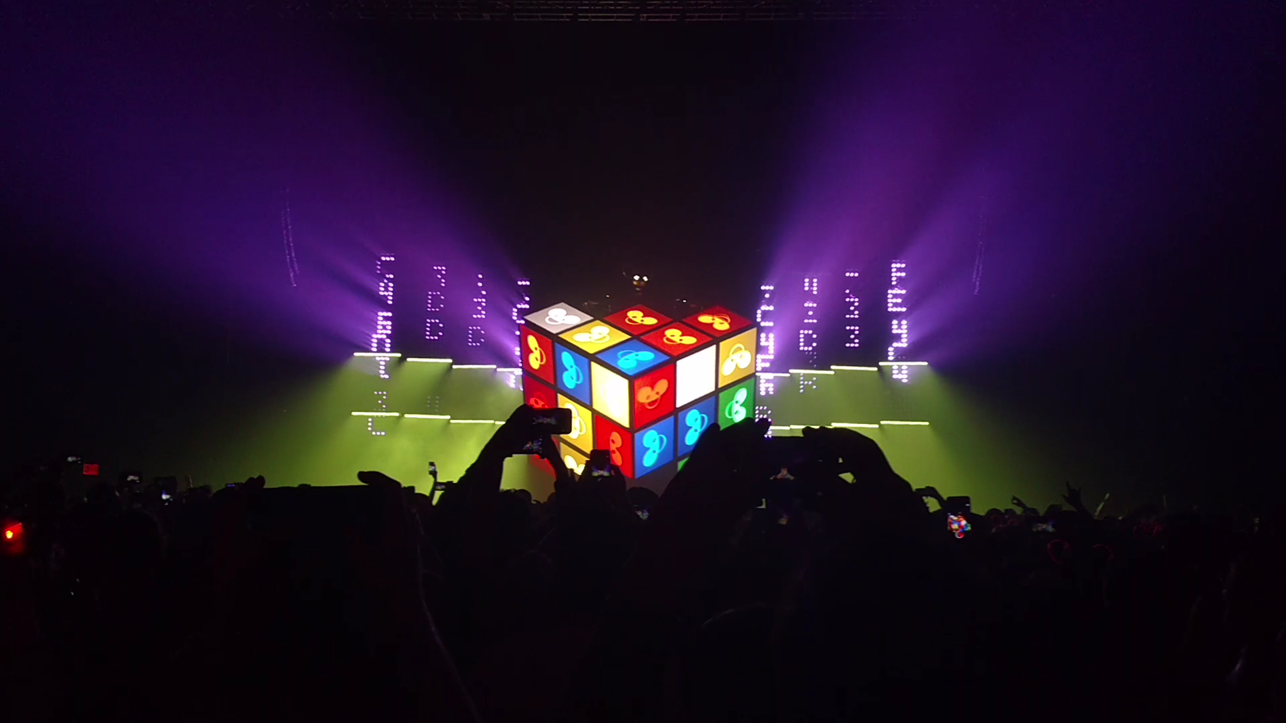 An image of the view from the crowd of the Deadmau5 cube v2 performance during Maths on April Fool's day at Hammerstein Ballroom in New York City.