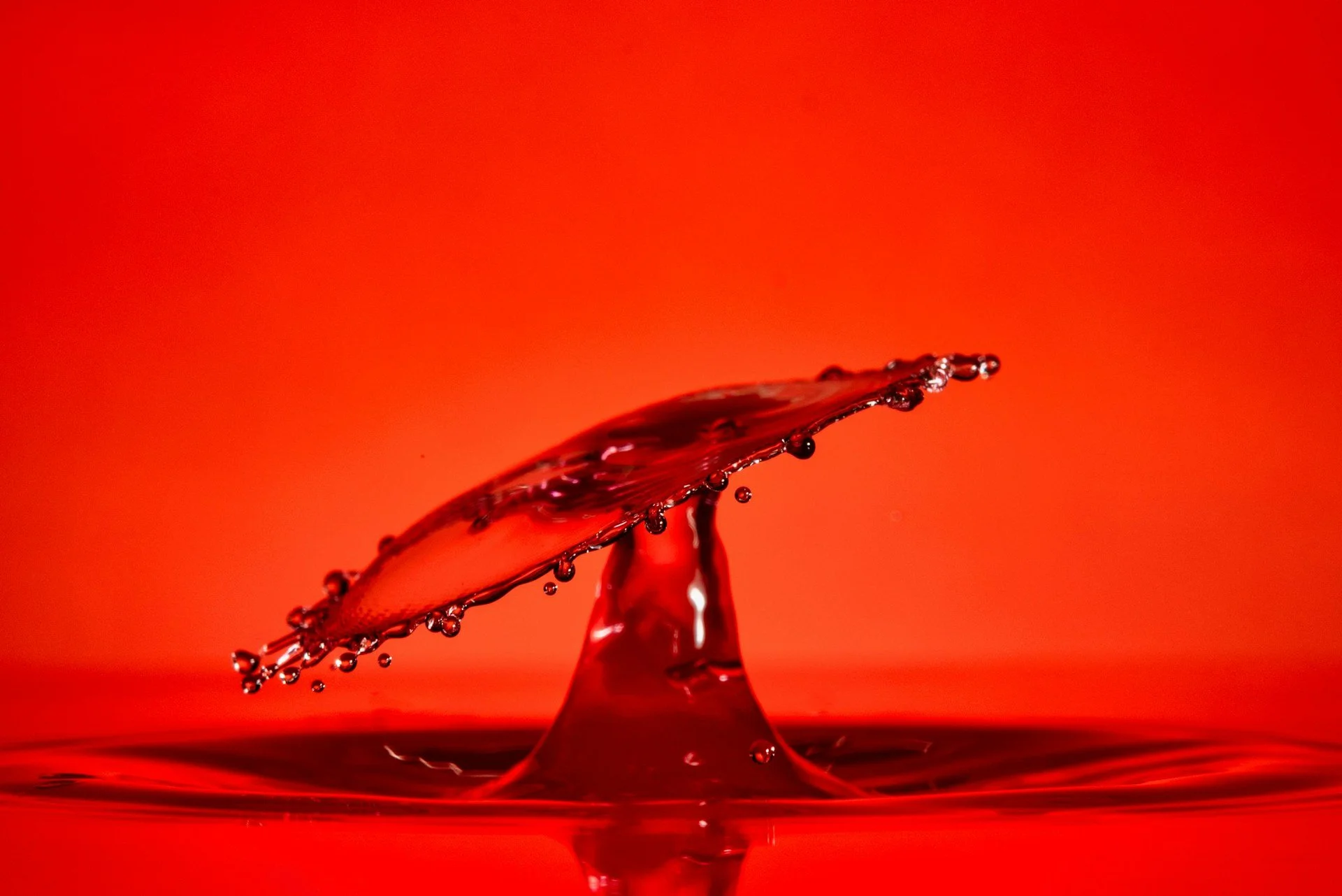 Close-up of a clear water droplet resting on a red surface, symbolizing the fluid clarity and vitality of menstrual blood.