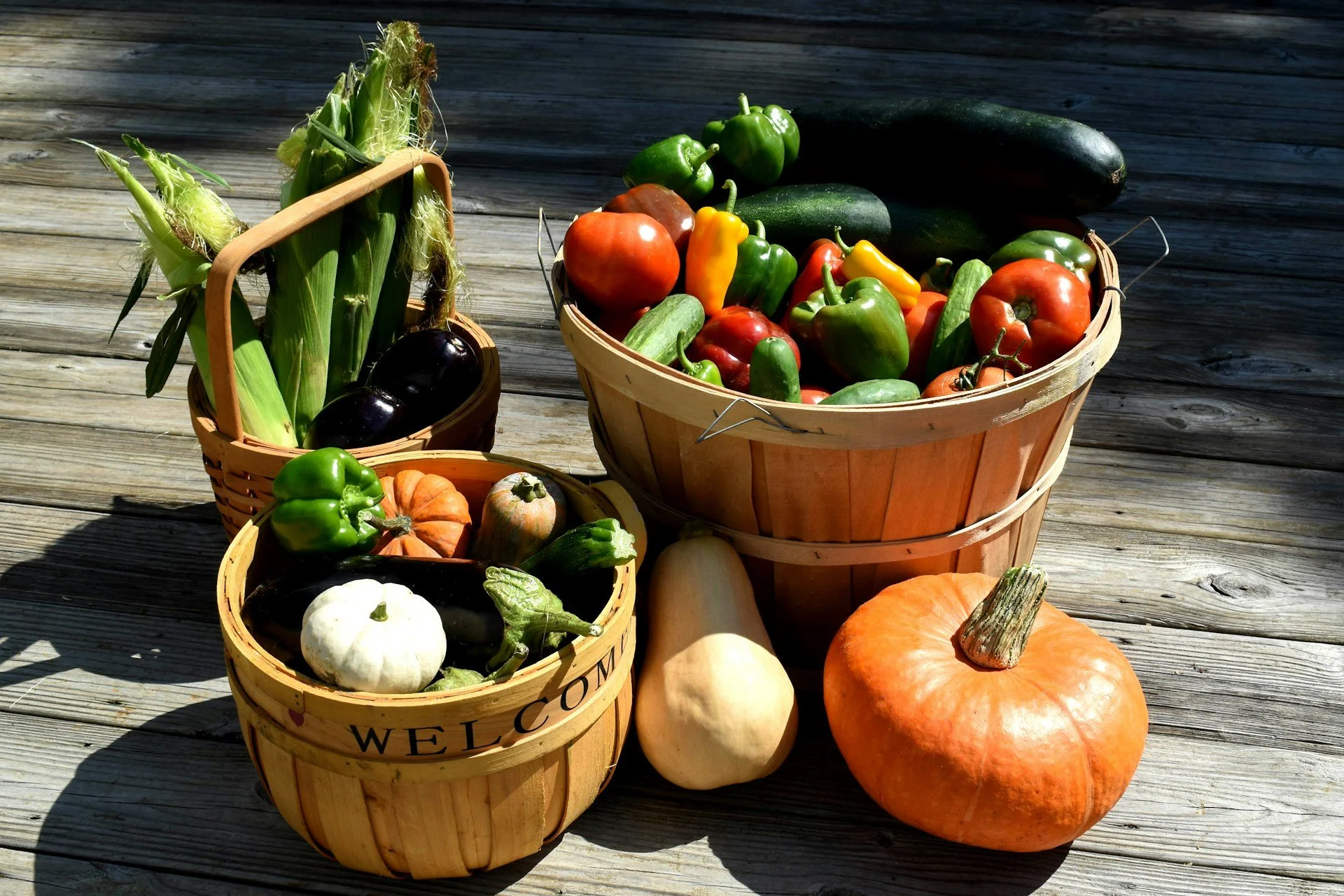 A rustic wooden basket filled with fresh corn, eggplants, bell peppers, zucchini, and pumpkins — vibrant summer produce