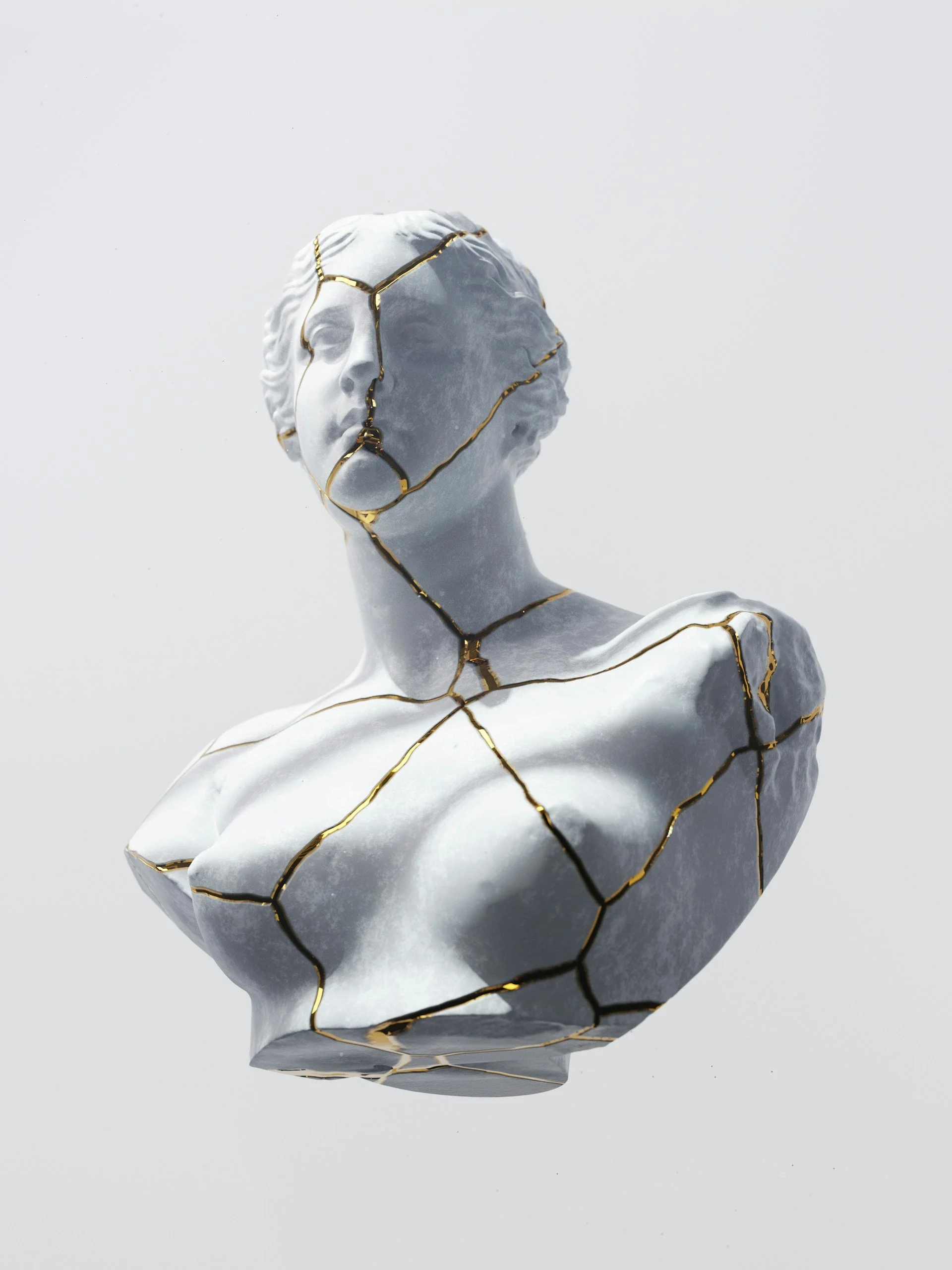 A clay sculpture of a human figure with visible cracks mended by gold, inspired by the Japanese art of Kintsugi, symbolizing the fragmentation and repair of emotional trauma.