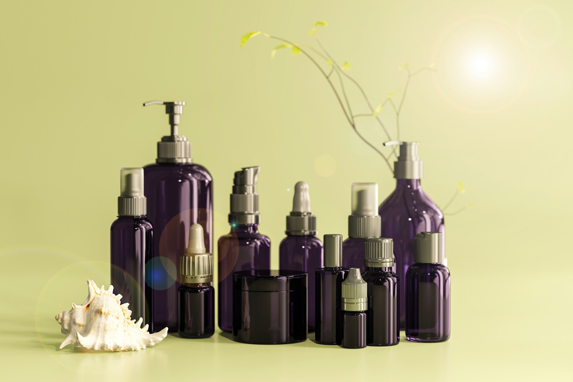 Unlabelled cosmetic bottles on a yellow background