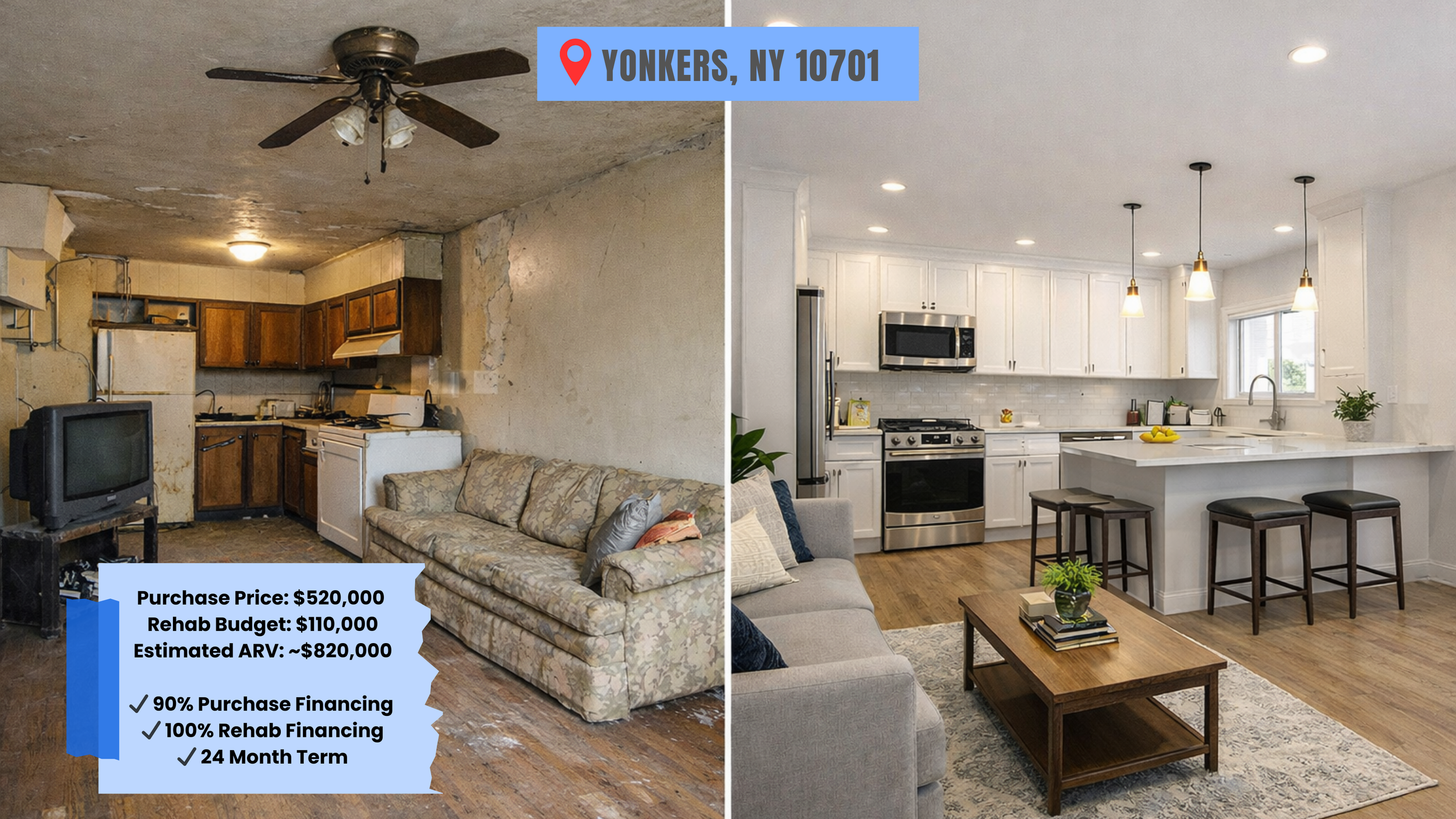 Before and after images of a kitchen renovation in Yonkers, NY. The left side shows a dilapidated kitchen with peeling walls, old cabinets, and a worn-out ceiling fan. The right side displays a modern, renovated kitchen with white cabinets, stainless