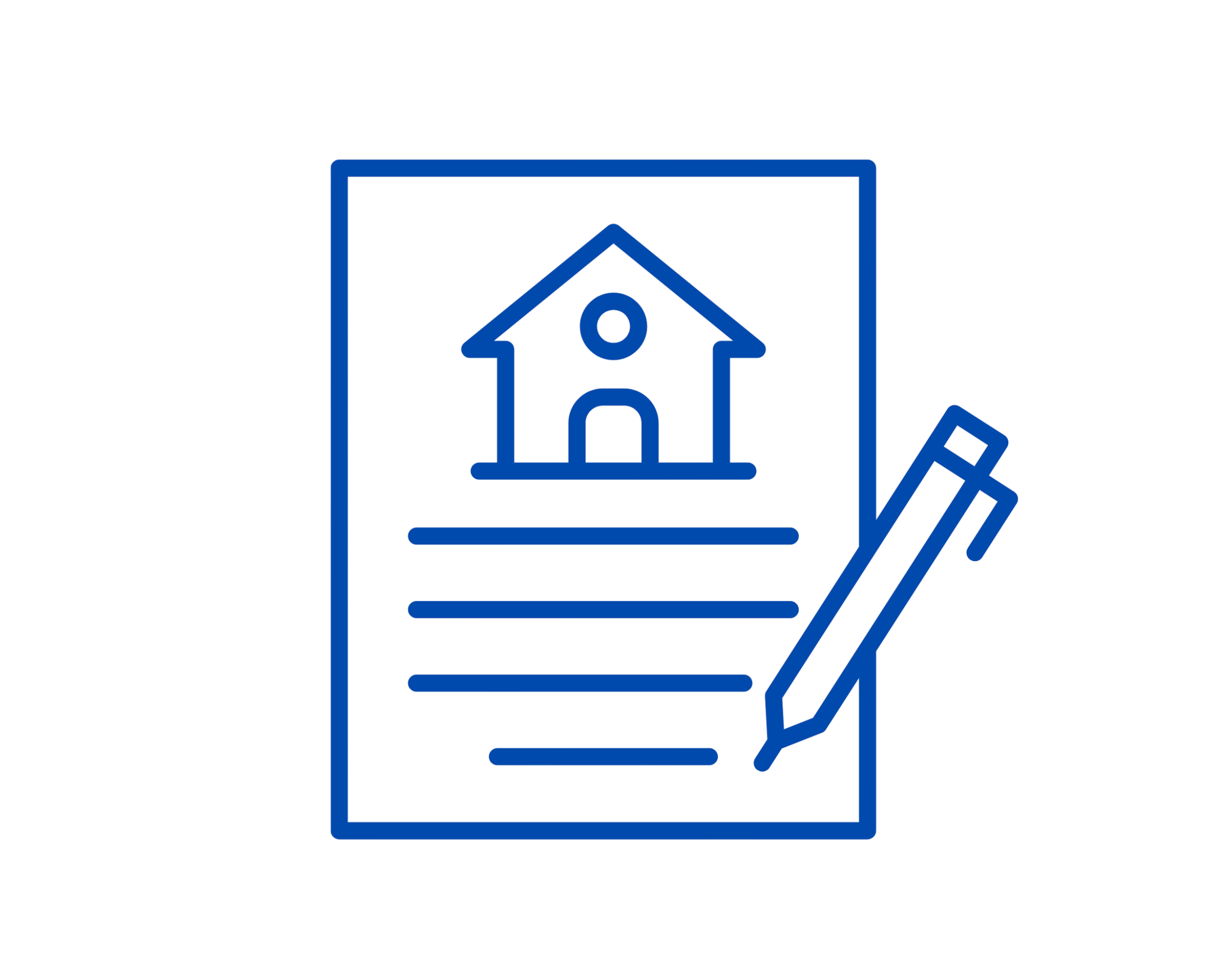 Icon of a pet adoption flyer with a house symbol at the top, lines of text, and a pencil.