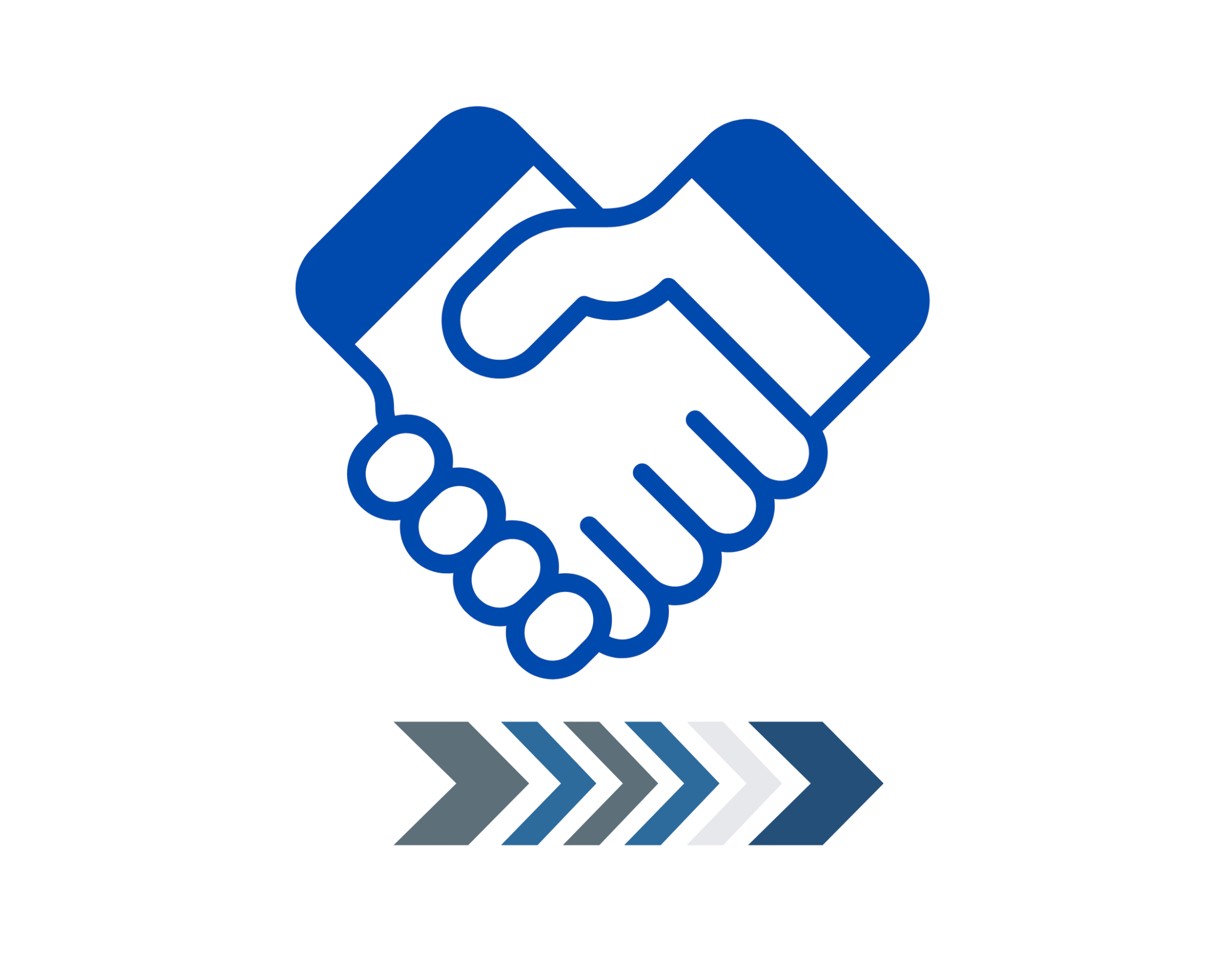 Icon of two hands shaking above a series of arrows in shades of blue and gray.