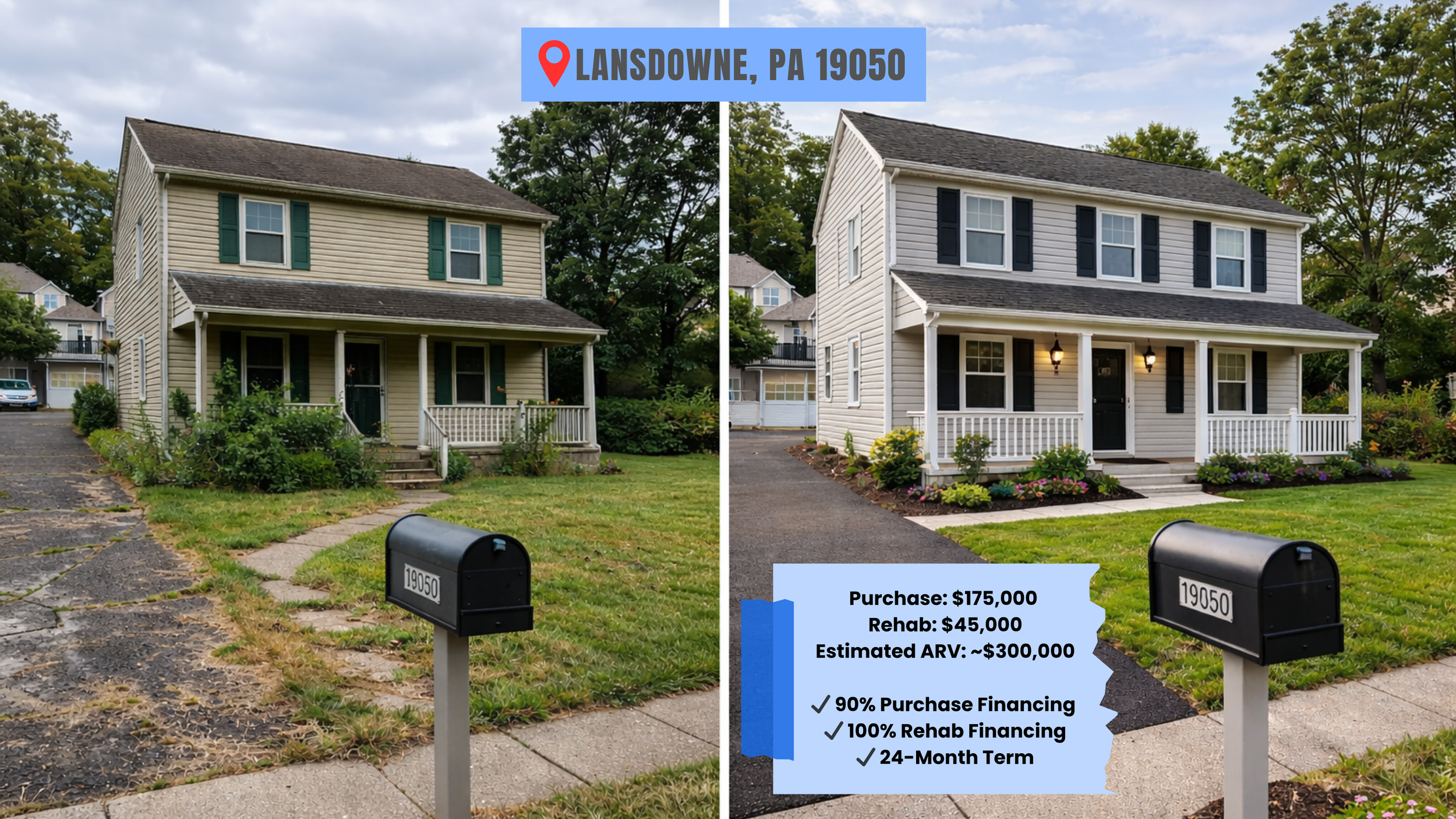 Comparison of two houses side by side, showing before and after renovations or staging. Left side depicts an older house with weathered yellow siding, green shutters, and overgrown landscaping. Right side shows a renovated house with new white siding