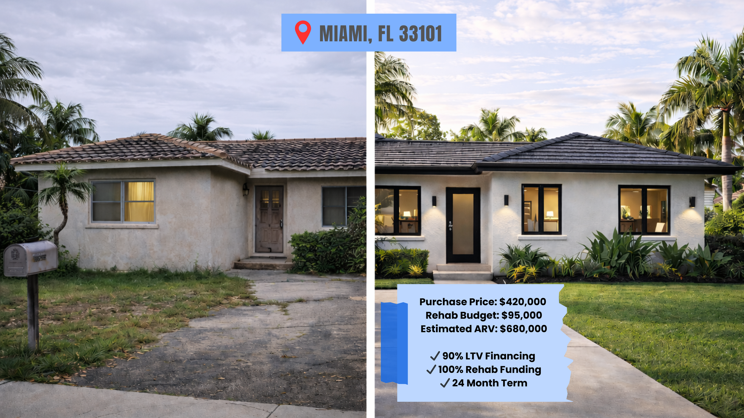 Side-by-side comparison of a house before and after renovation in Miami, Florida. The left side shows an older, weathered house with a small front yard and sparse landscaping. The right side shows a renovated house with a modern exterior, fresh paint