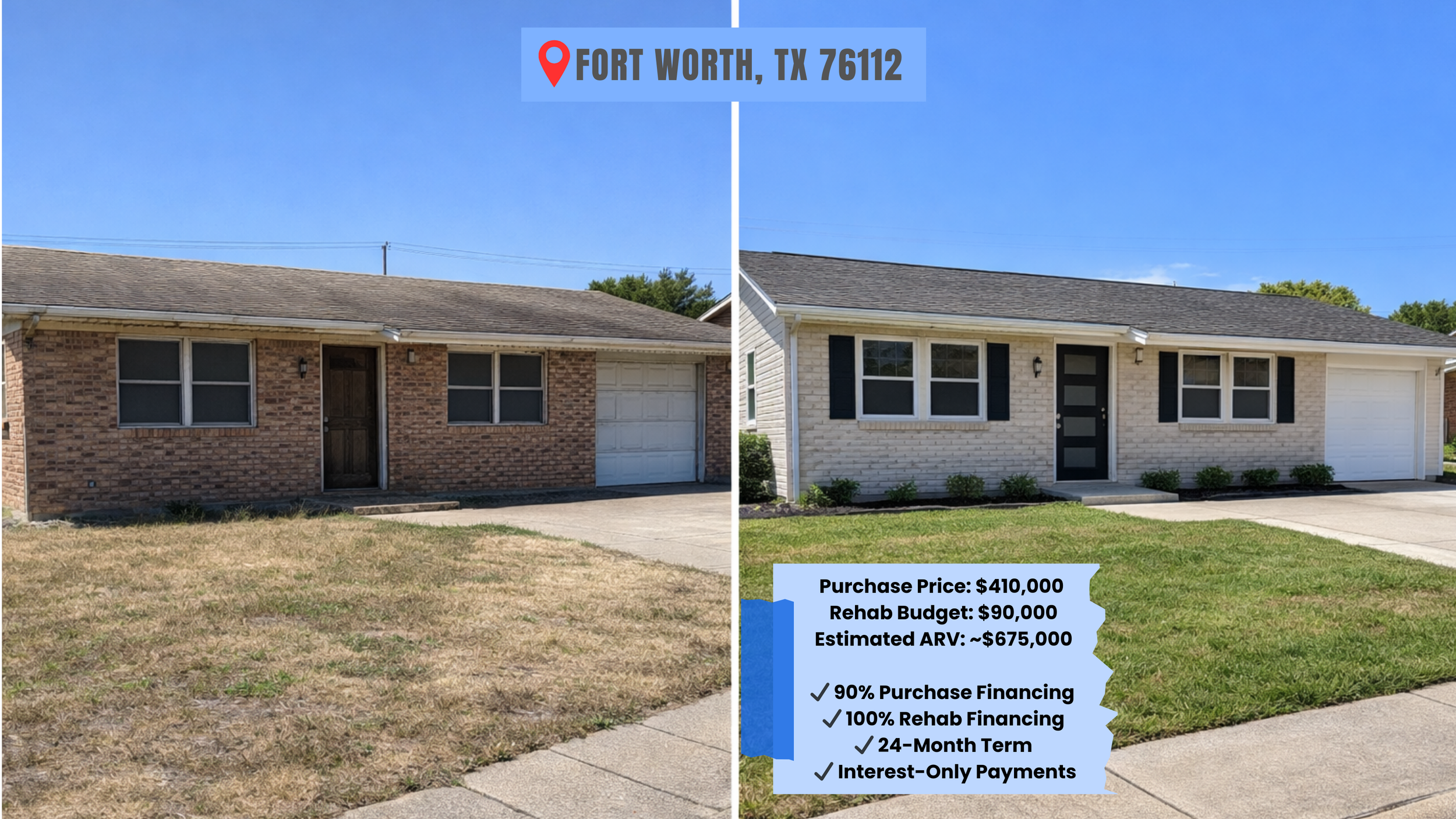 Side-by-side comparison of a house before and after renovation. Left shows a brick house with a brown door and a garage and a front yard with dry grass. Right shows the same house after renovation with white brick, black shutters, a new black door, a