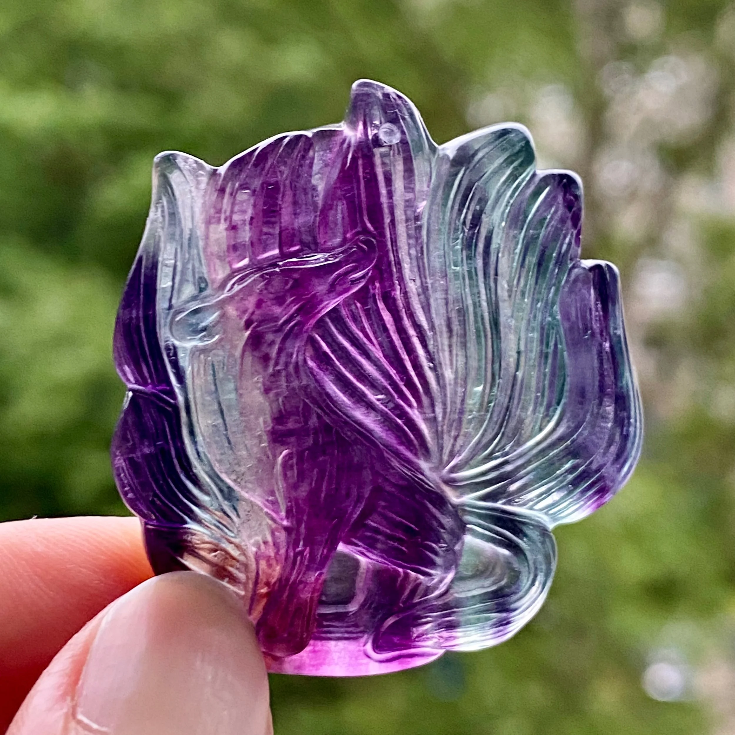 Purple and Blue Fluorite Nine-Tailed Fox Pendant - Handcrafted Gemstone Jewelry
