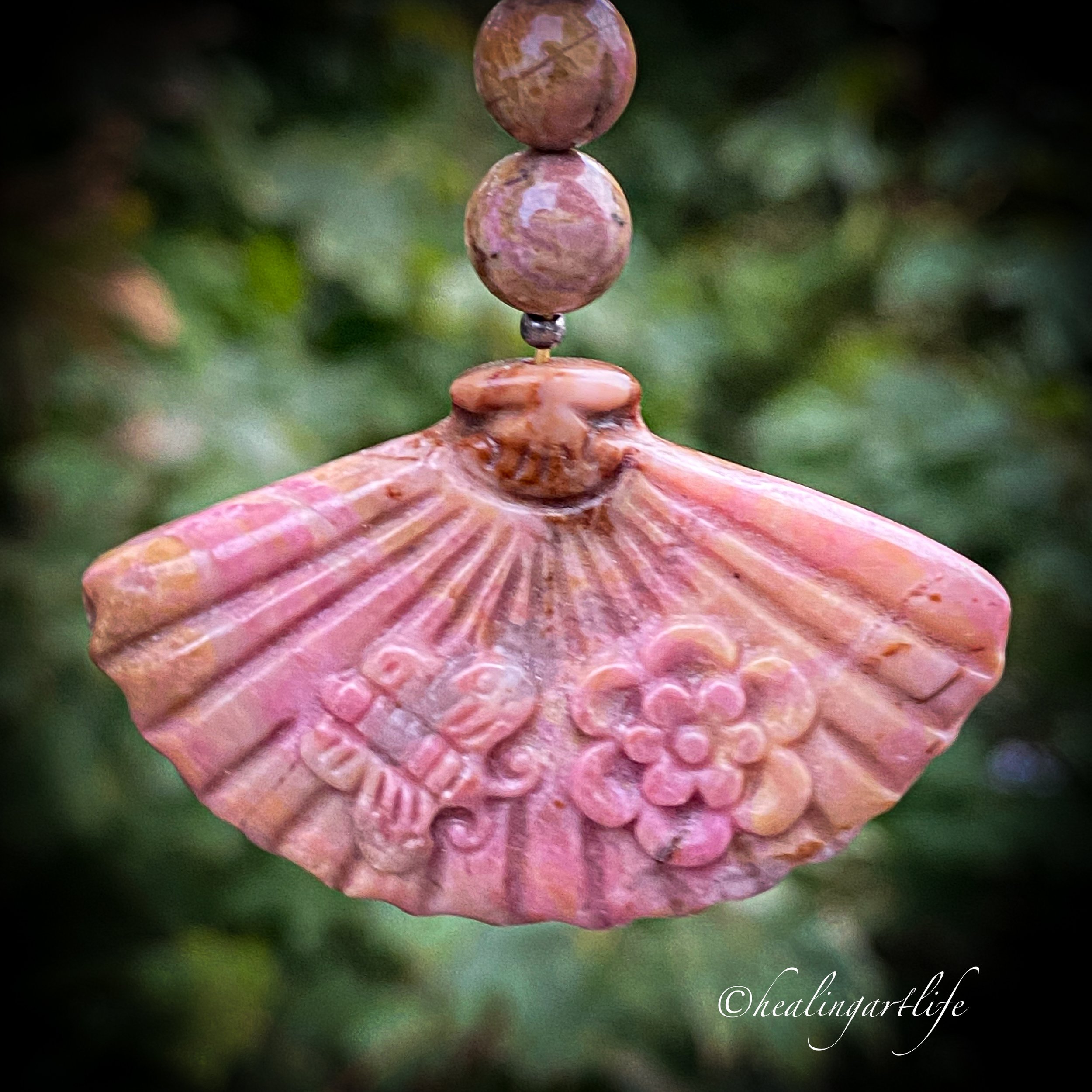 Rhodonite fan shape carved pendant
