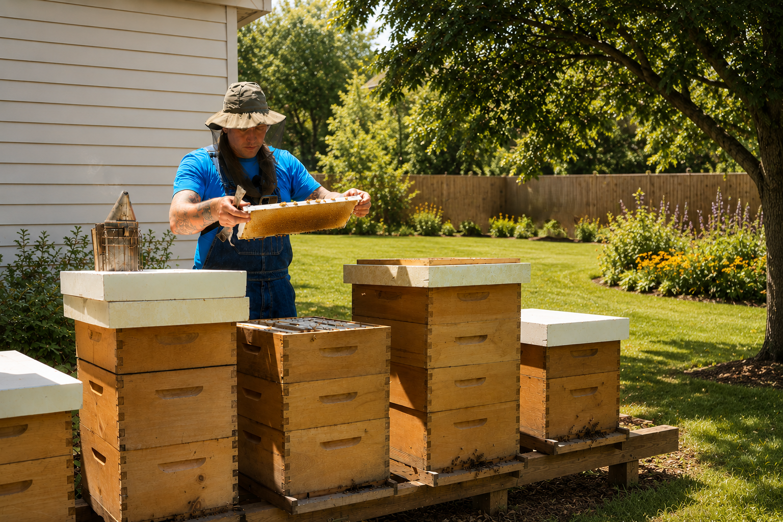 Four-backyard-honey-bee-hives-with-beekeeper-inspection