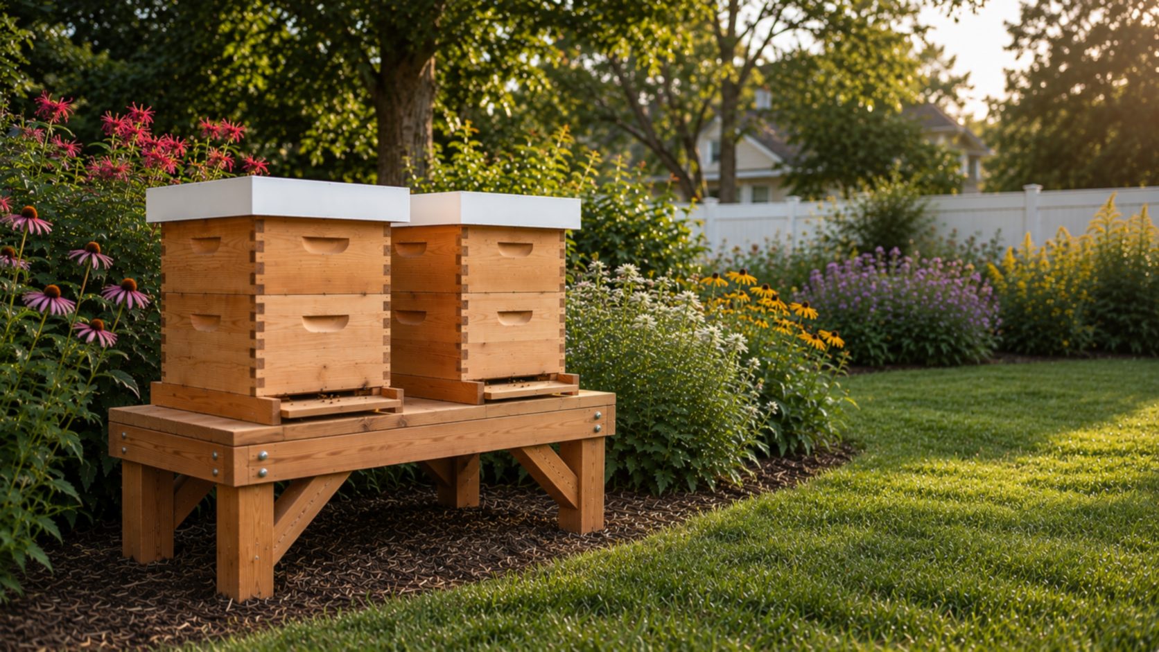 backyard-apiary-cedar-hive-stand-two-honeybee-colonies-pollinator-garden-natural