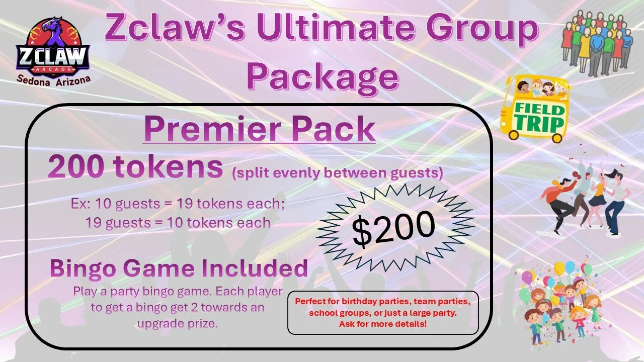 Zclaw Arcade | large group rate | birthday | party | Zclaw's Ultimate Group Package Premier Pack