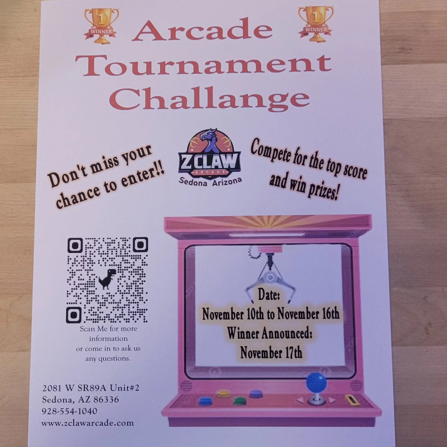 Another tournament challenge is coming to Zclaw Arcade. Come get in your practice now. Tournament is November 10th to November 16th.  #arcade #tournament #thingstodo #flagstaff #cottonwoodaz #campverde
