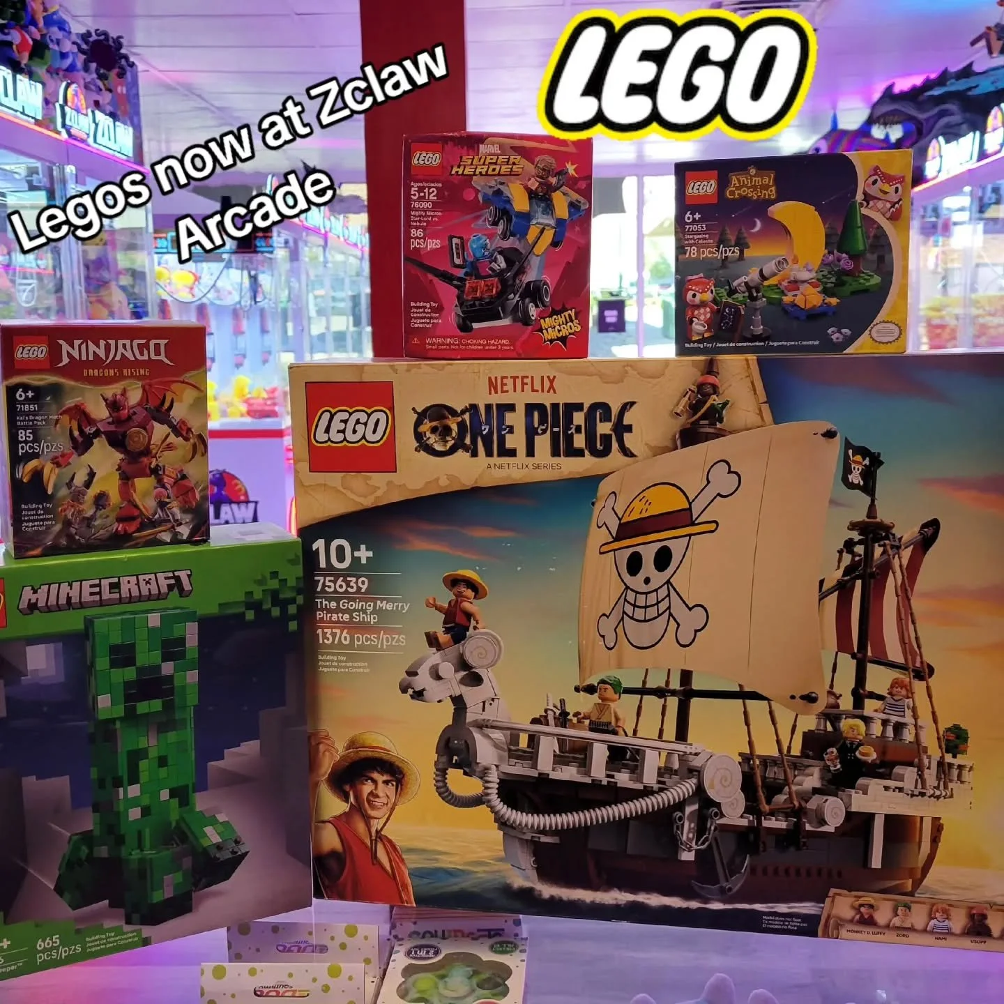 Legos now at Zclaw Arcade. Hurry in before they're gone. #onepiece  #minecraft #lego  #animalcrossing  #arcade