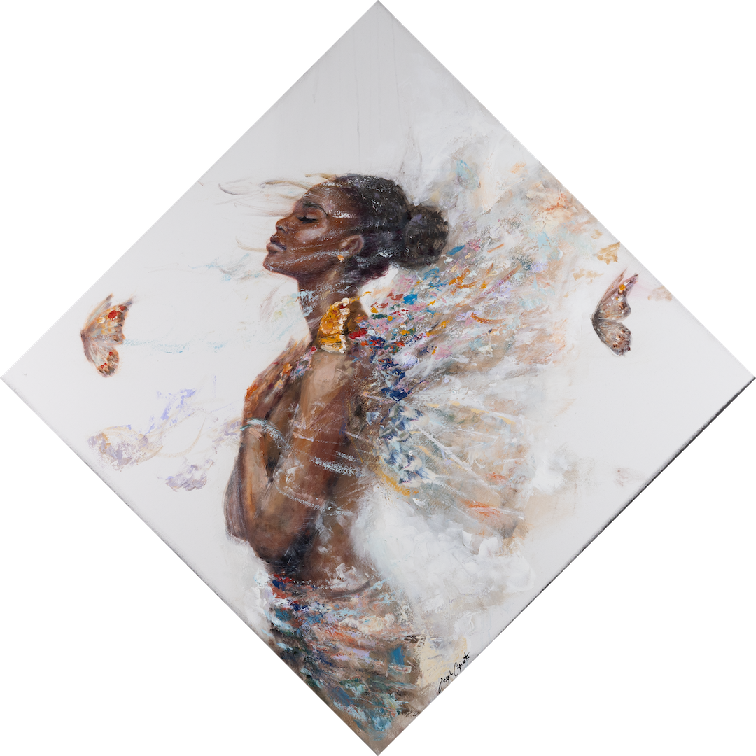"Butterfly Girl", 36x36 inch, oil & encaustic