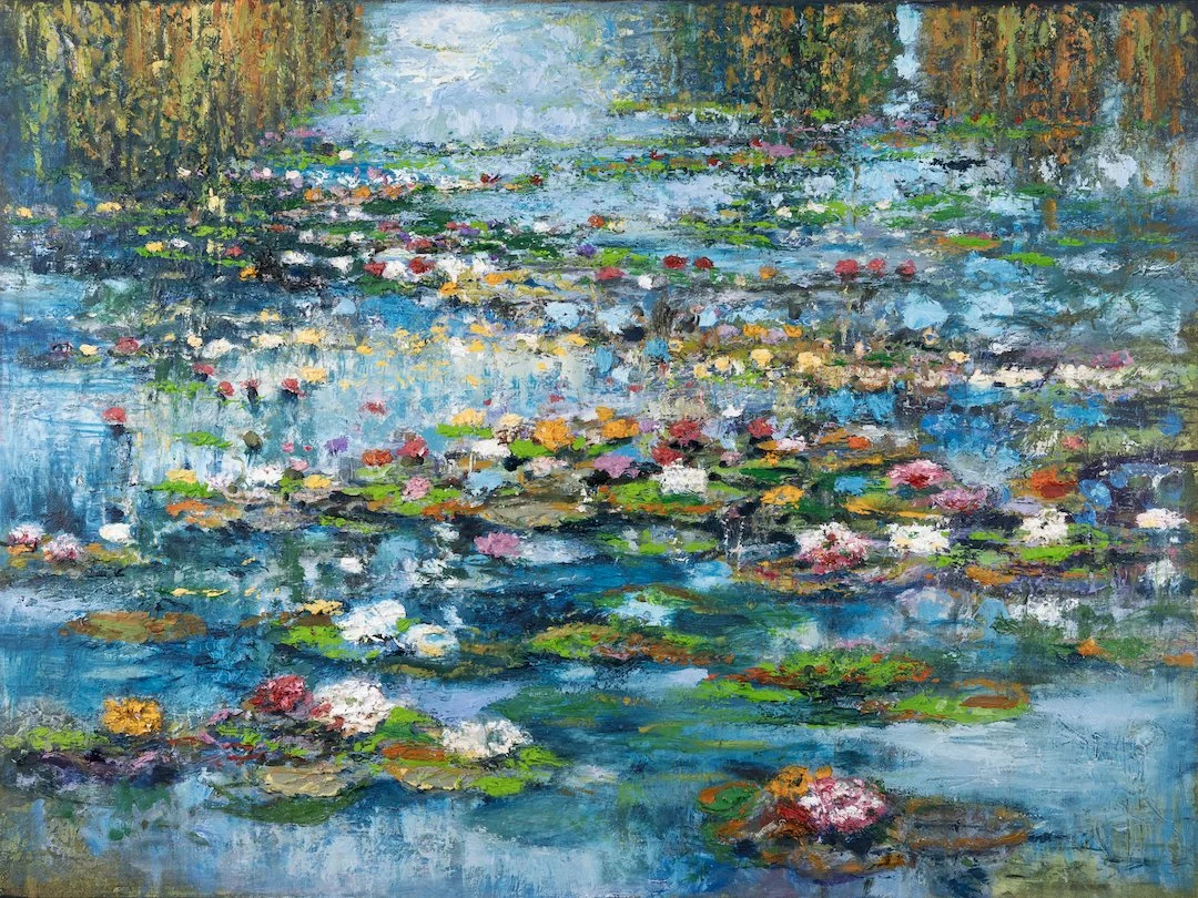 "Willows Over Water - Lilies", 30x40 inch, oil & encaustic