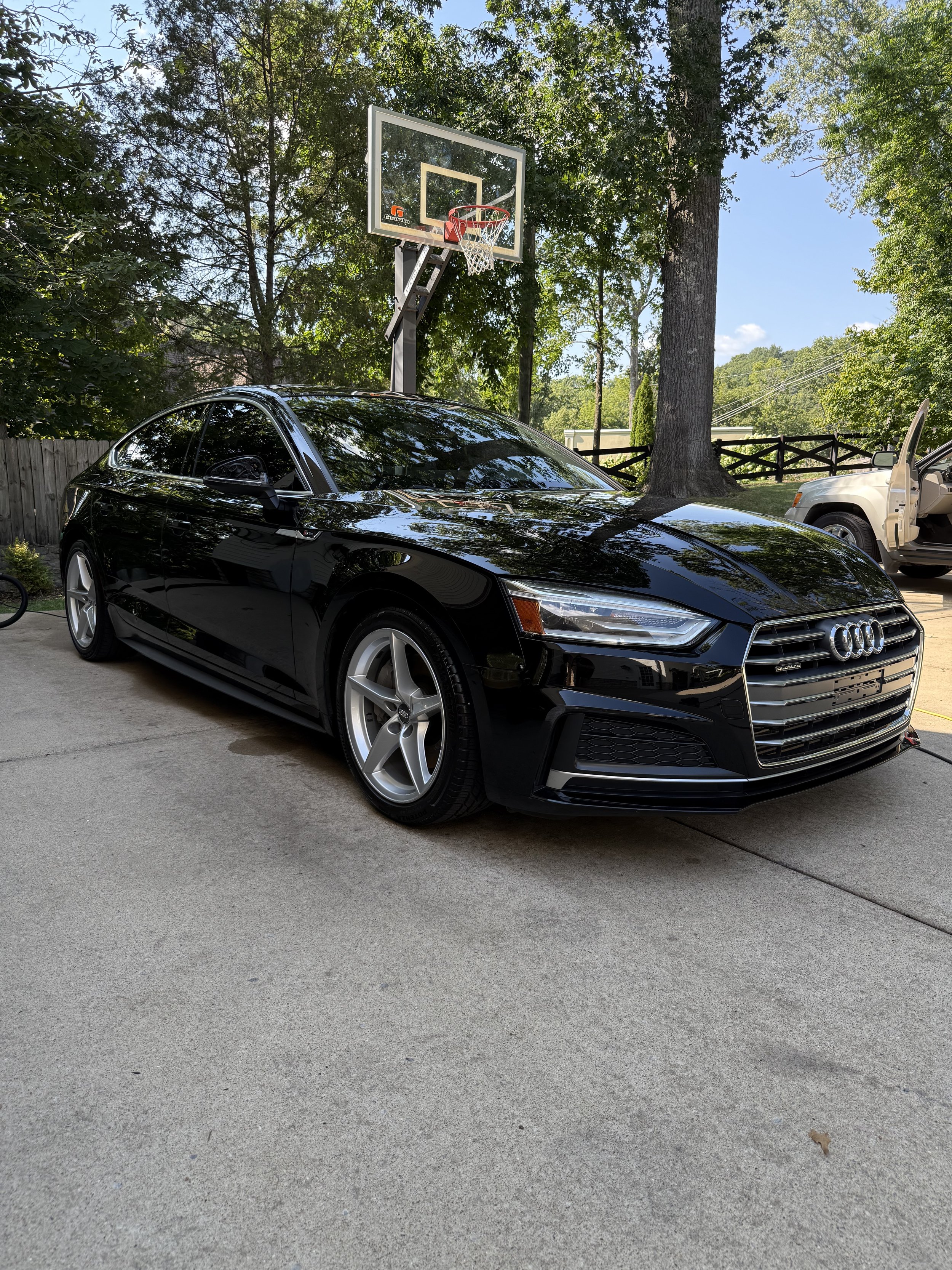 Black Audi sports car parked on a concrete driveway under a basketball hoop, with a wooded background and a partially opened white vehicle to the right.