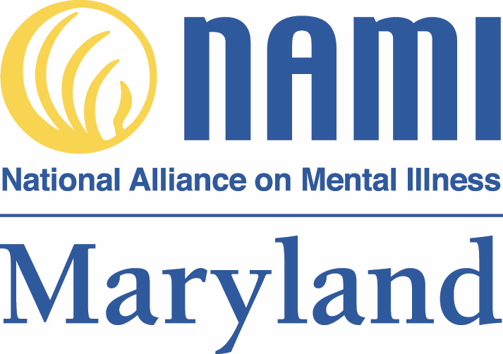 The logo of the National Alliance on Mental Illness (NAMI) Maryland, featuring a yellow circular emblem with stylized hands, and the text 'nami' in bold blue letters, with 'National Alliance on Mental Illness' and 'Maryland' written below.
