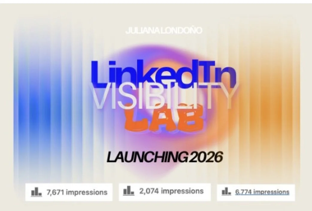 Promotional graphic for LinkedIn Visibility Lab launching in 2026, featuring the text 'JULIAN ALONDONO' at the top, with the main text 'LinkedIn VISIBILITY LAB' and 'LAUNCHING 2026', and statistics of impressions at the bottom.