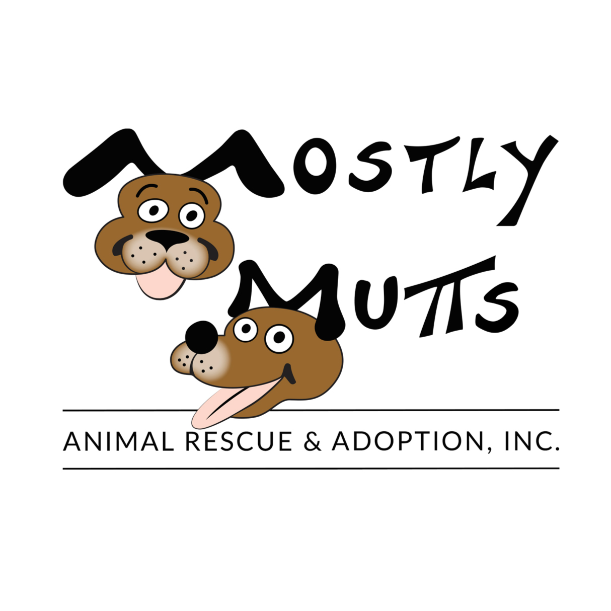 Logo for mostlymutts.org, an animal rescue and adoption organization, featuring cartoon illustrations of two dogs with happy expressions and the organization’s name in playful black text.