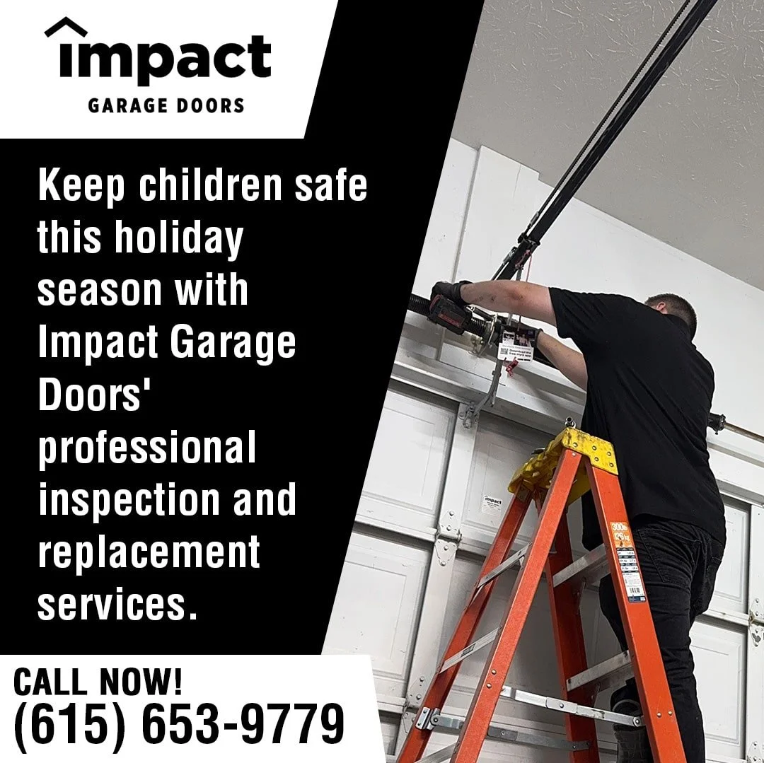 Garage door technician inspecting and replacing garage door components to improve safety for children.