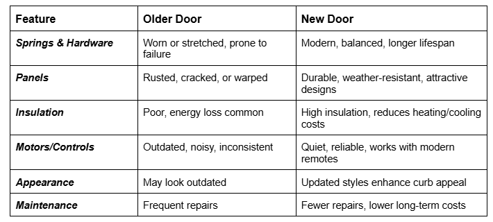 A chart comparing features of older garage doors versus new garage doors, including springs/hardware, panels, insulation, motors/controls, appearance, and maintenance.