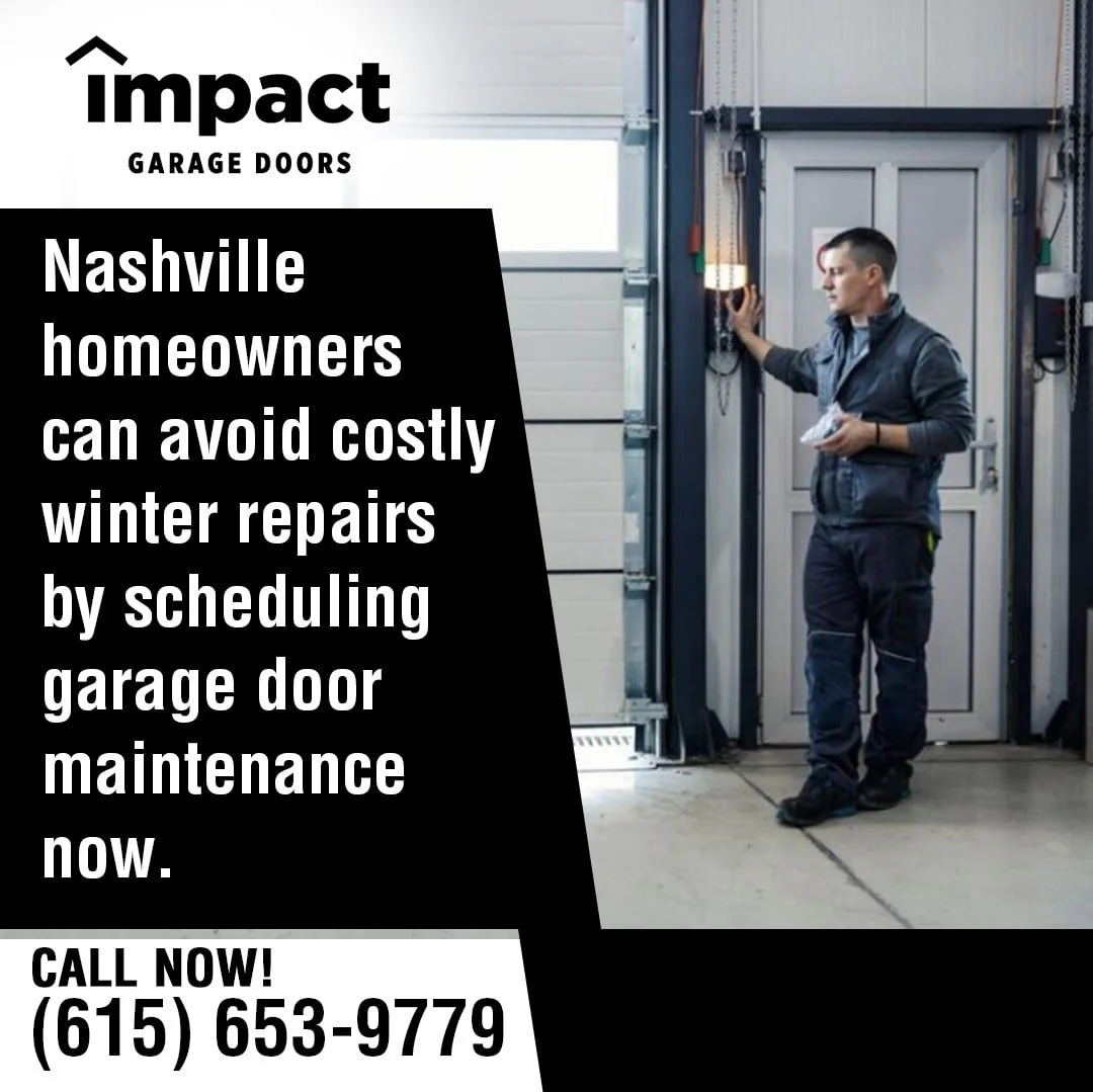 Garage door technician performing maintenance inside a residential garage in Nashville.