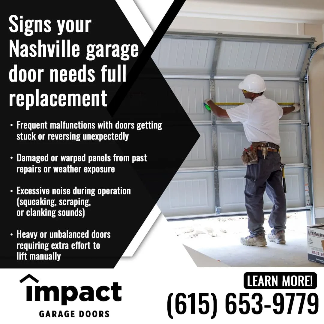 An image of a technician using a laser level to install a garage door, alongside text listing signs that a Nashville garage door needs full replacement, promoted by Impact Garage Doors.