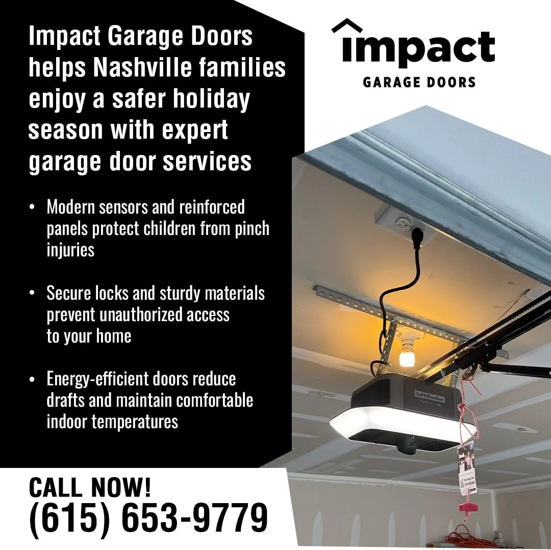 Garage door opener installation with safety features in a Nashville home, highlighting Impact Garage Doors’ professional holiday safety services.