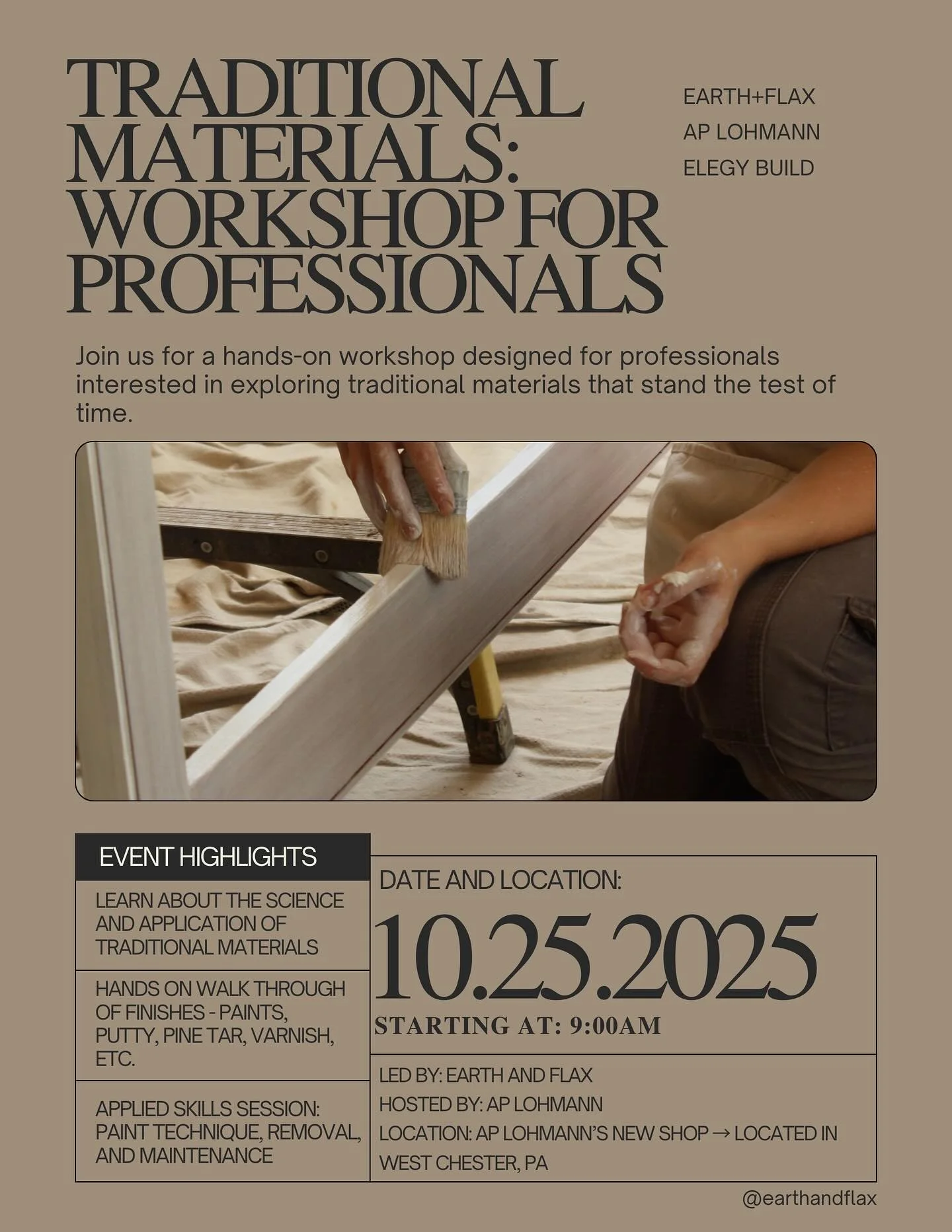 We&rsquo;re hosting a Workshop for Professionals! 🖌️⚒️
Painters, contractors, builders, and restoration specialists &mdash; this one&rsquo;s for you.
Join us on October 25, 2025 in West Chester, PA for a day of exploring traditional materials, inclu