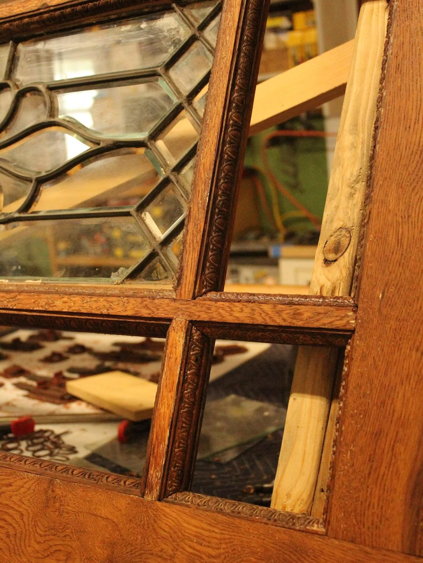 Check out the beautiful vintage trim on this door! We are loving how it&rsquo;s coming together with paired vintage glass 🤩 #restoration #preservation #doorrestoration #restorewithus #history #historic