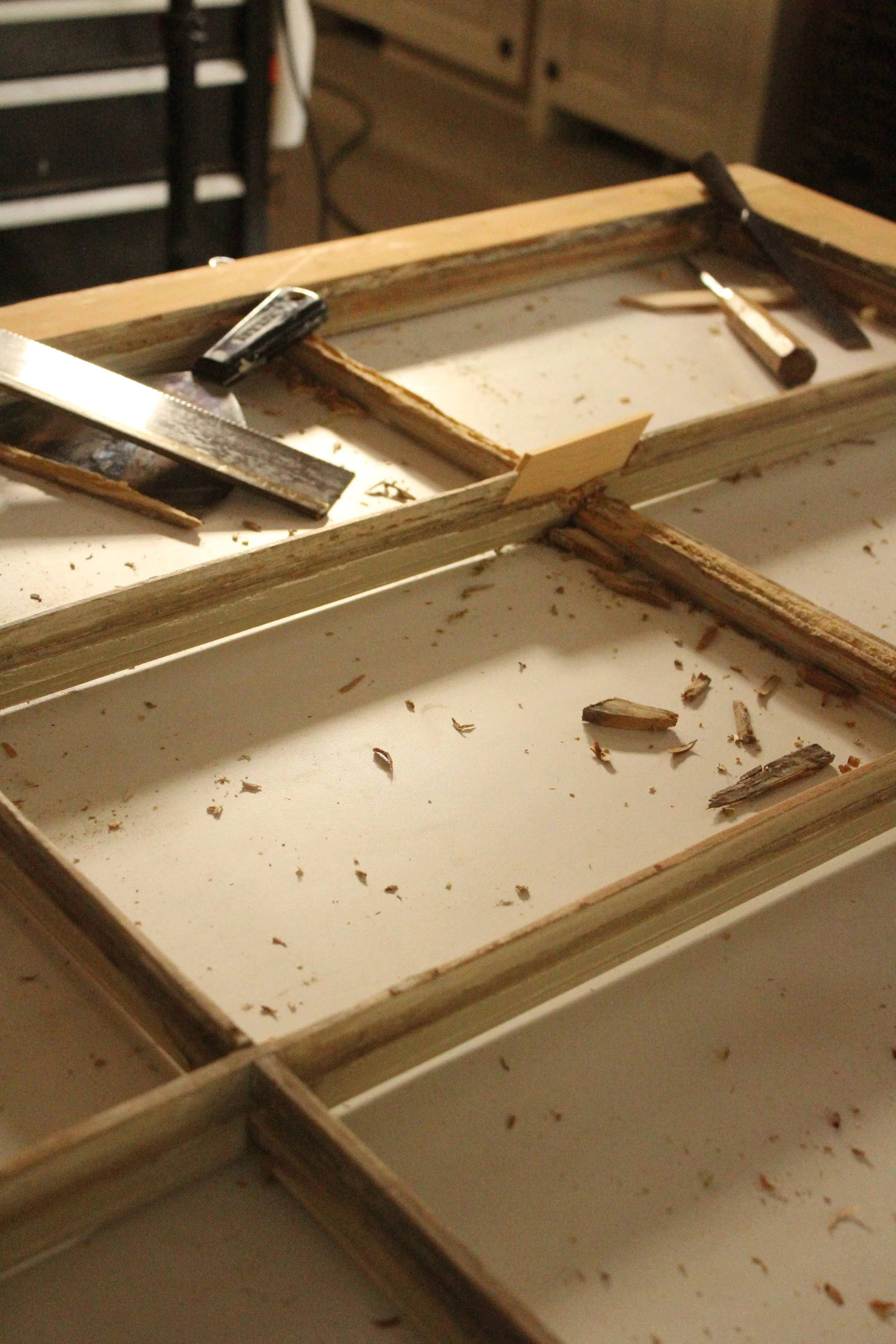 Wood replication and repairs on historic wood windows at AP Lohmann.