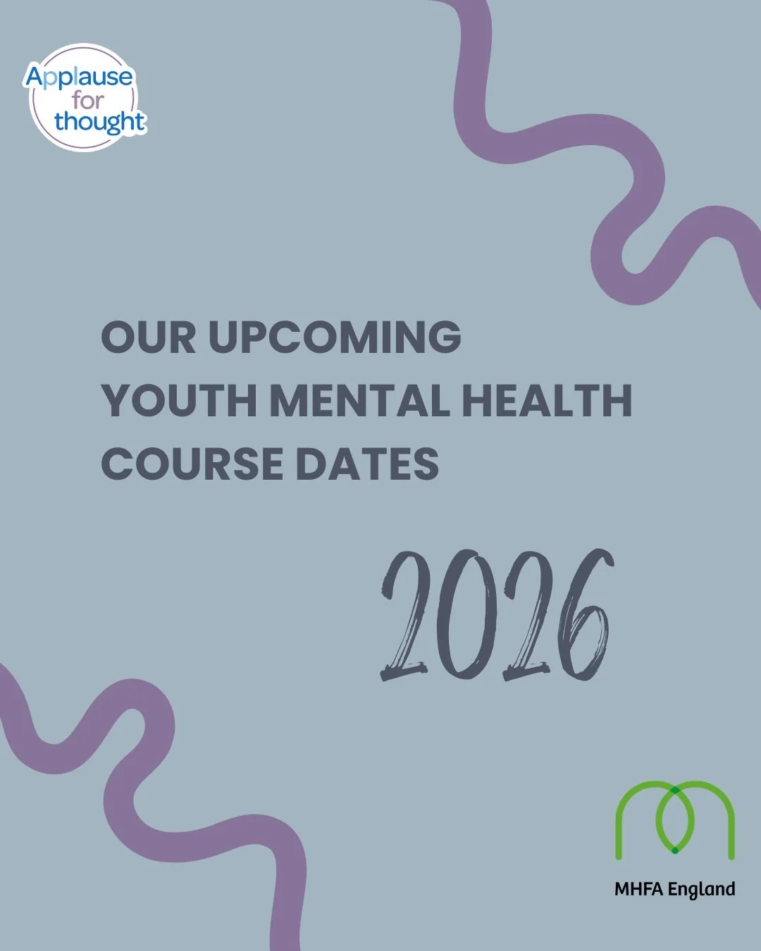 We are delighted to announce our Youth Mental Health First Aid Course dates for 2026! 📣🥳

The course will take place next year online over 4 half days on:

Mon 30th March, 10am - 1:30pm 
Tues 31st March, 10am - 2pm
Tues 7th April, 10am - 2pm
Fri 10