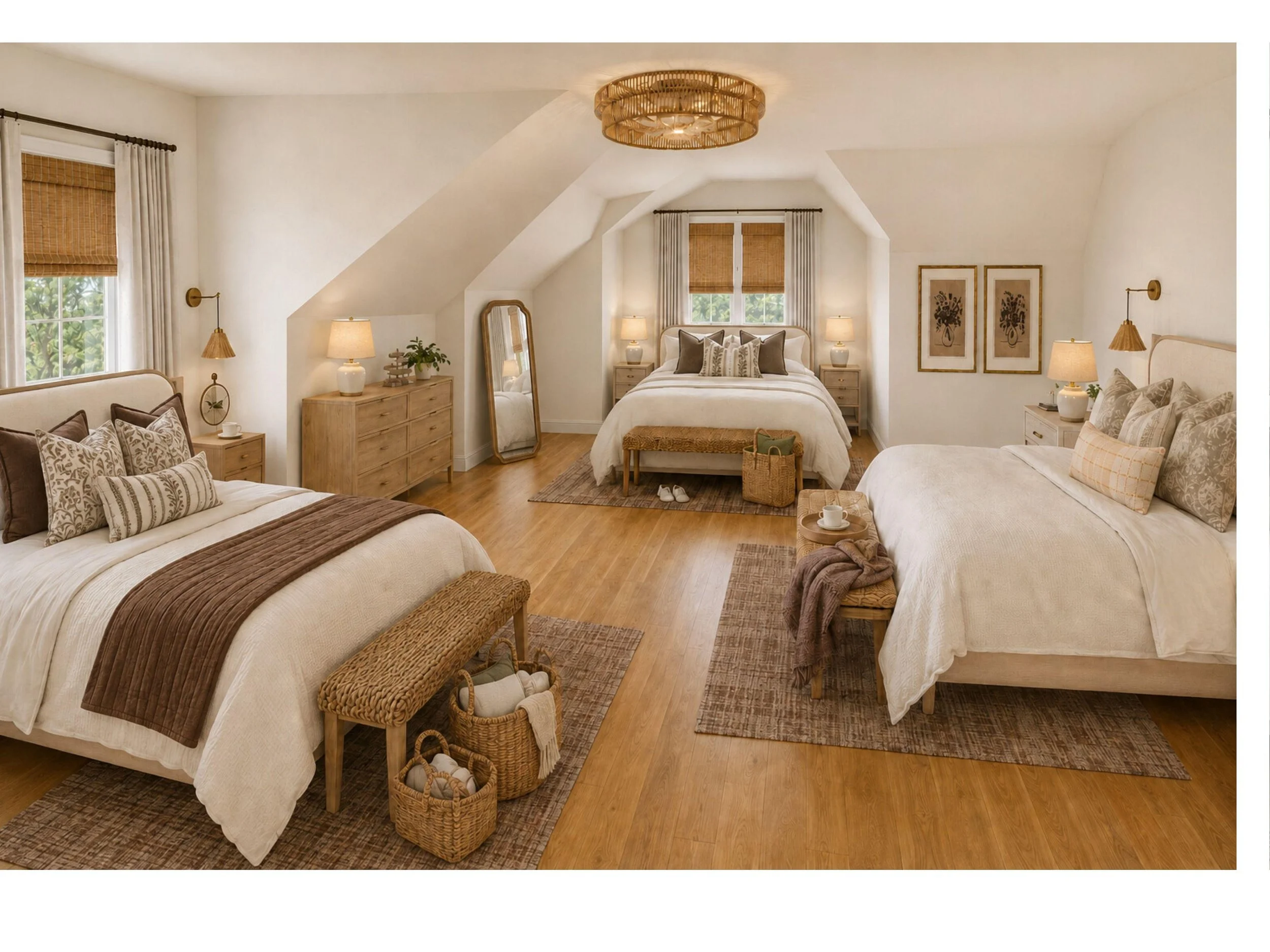 Neutral Bedroom Design, Rattan Lighting