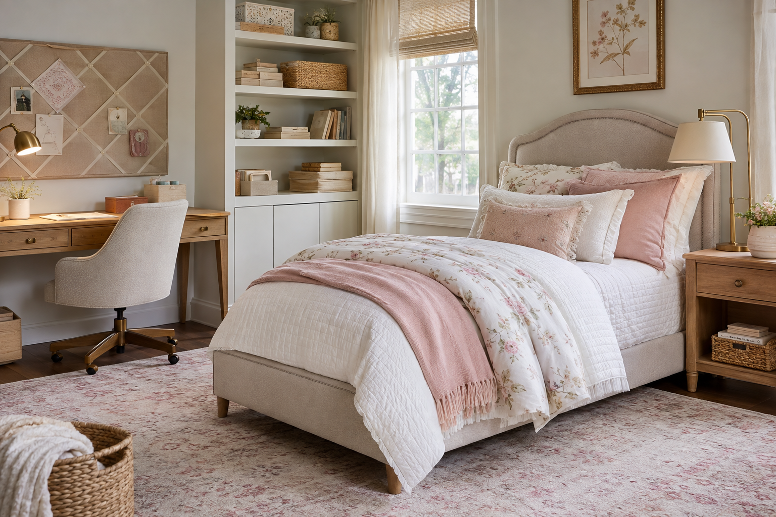 Girl bedroom, pink white neutral with rattan, gold, linen headboard gold accents