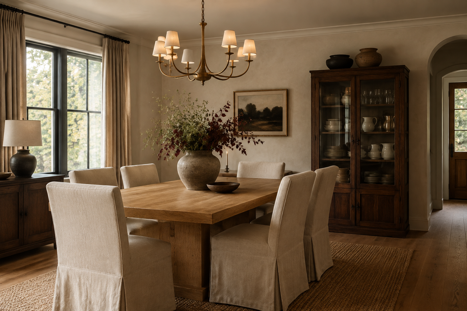 Warm transitional dining room with a white-oak table, oatmeal linen chairs, dark walnut cabinet, and understated fall foliage.