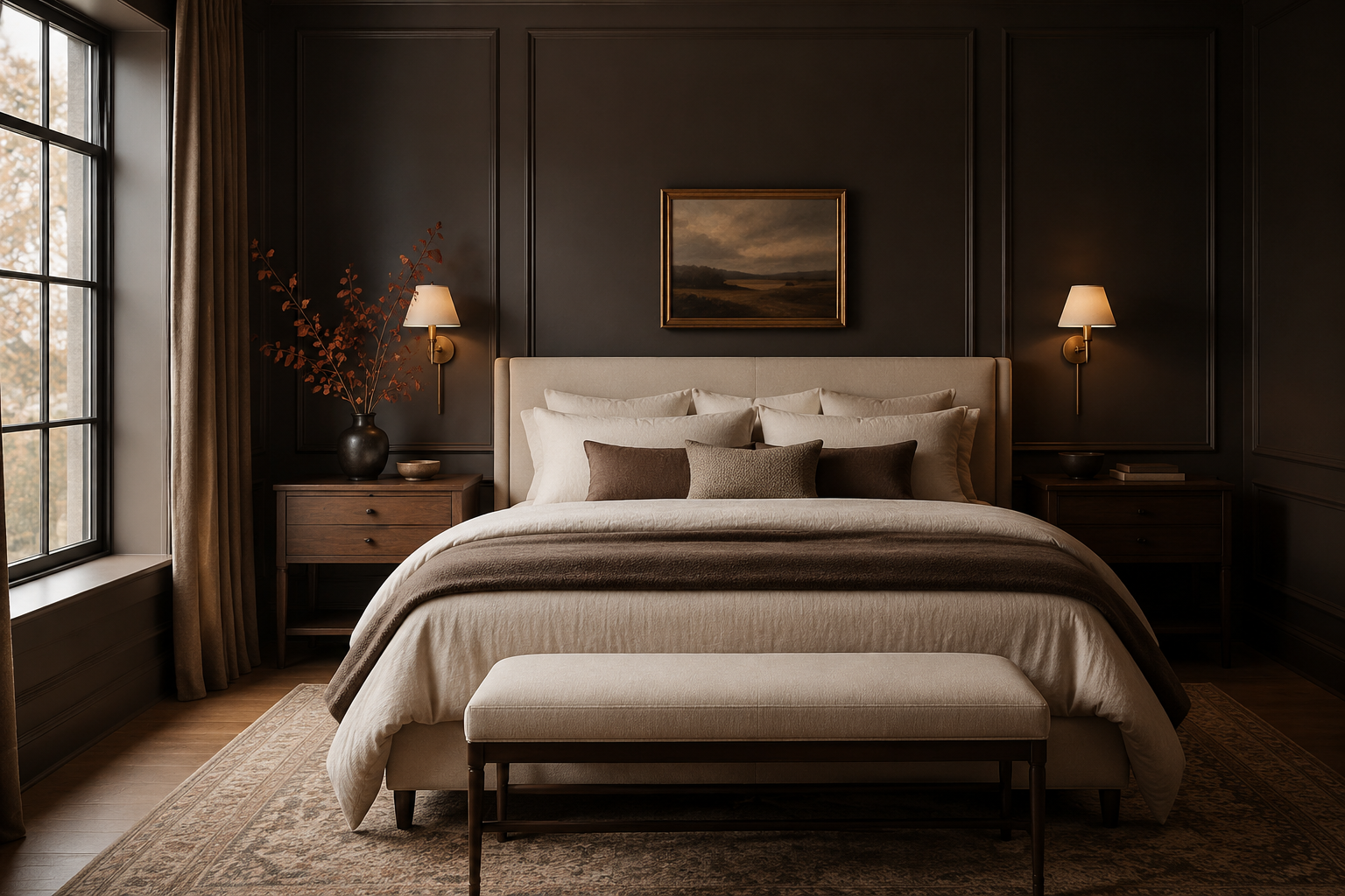 Moody primary bedroom with deep charcoal-brown paneled walls, oatmeal linen bedding, warm wood nightstands, and brass sconces.