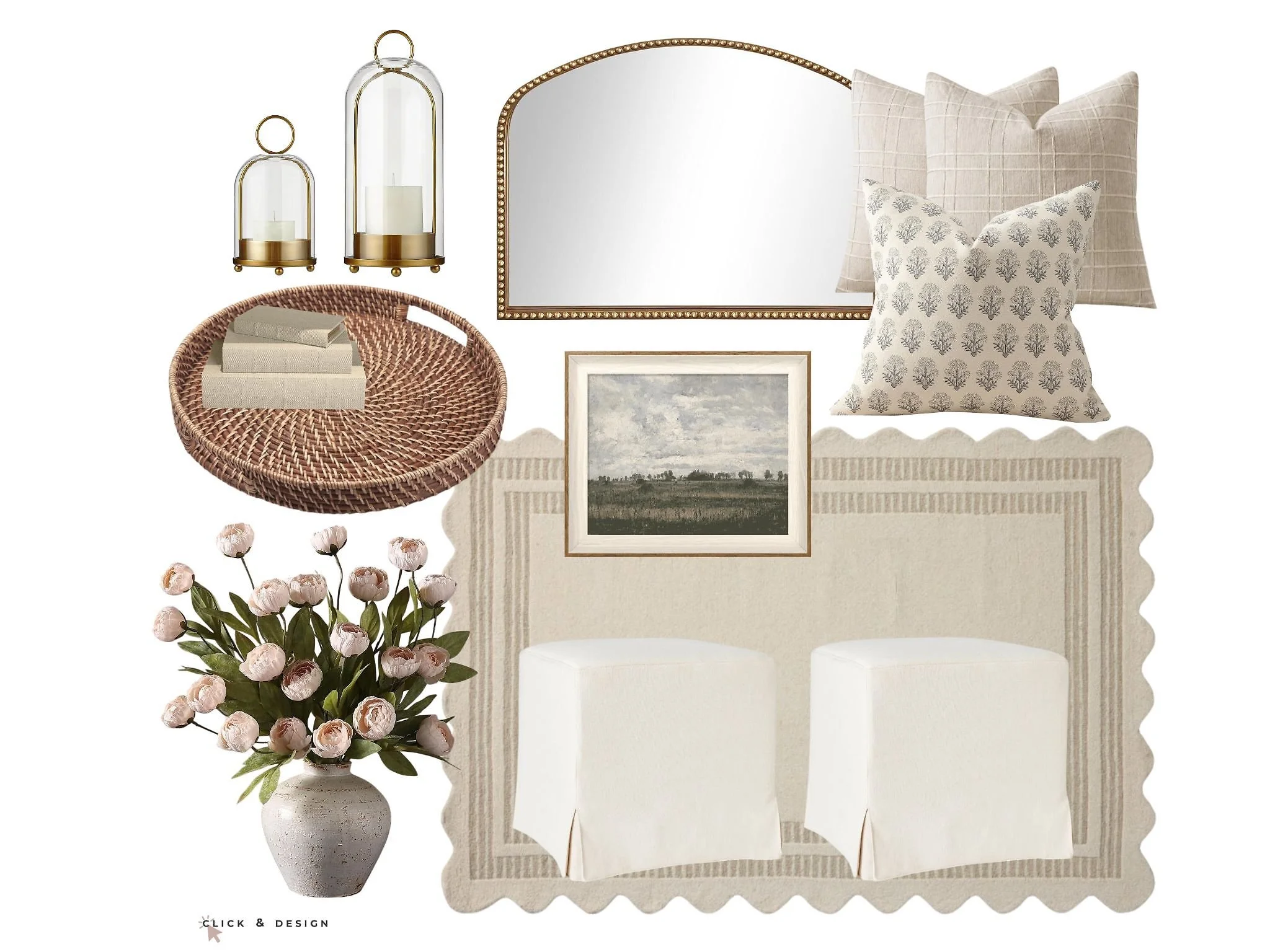 Living Room Refresh 2026, Neutral colors, neutral rug, antique brass lanterns, light pink floral, beaded gold mirror