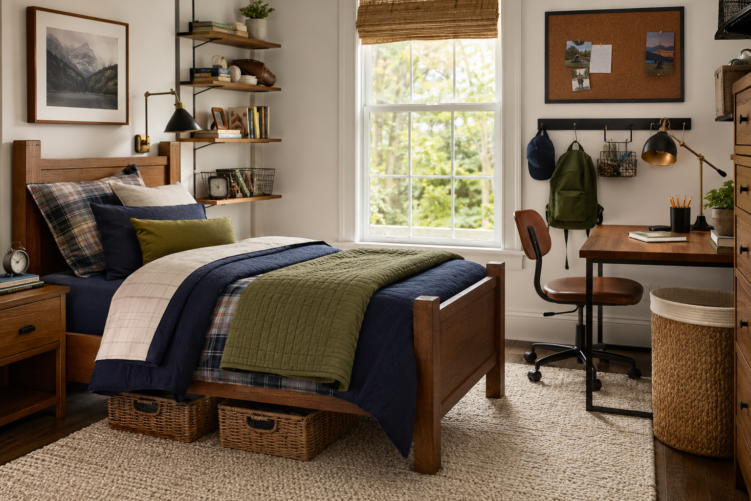 boy bedroom, navy green, plaid, leather, desk, black lamps wood elements
