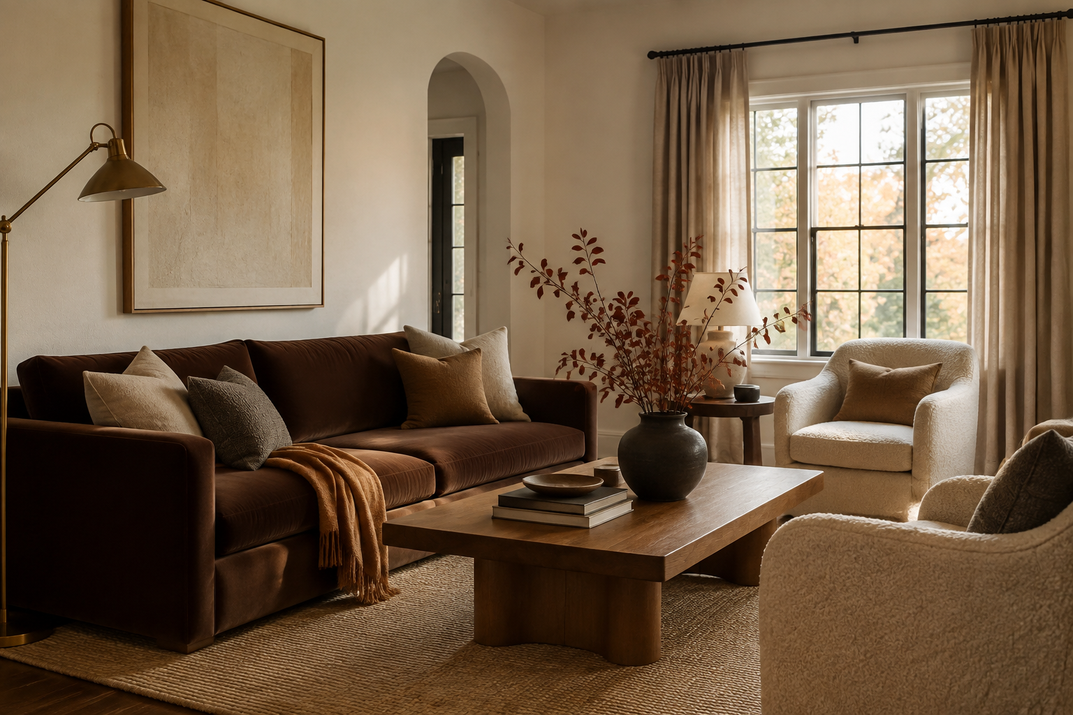 Transitional living room with a chocolate-brown velvet sofa, cream boucle chairs, warm oak table, and subtle autumn branches.
