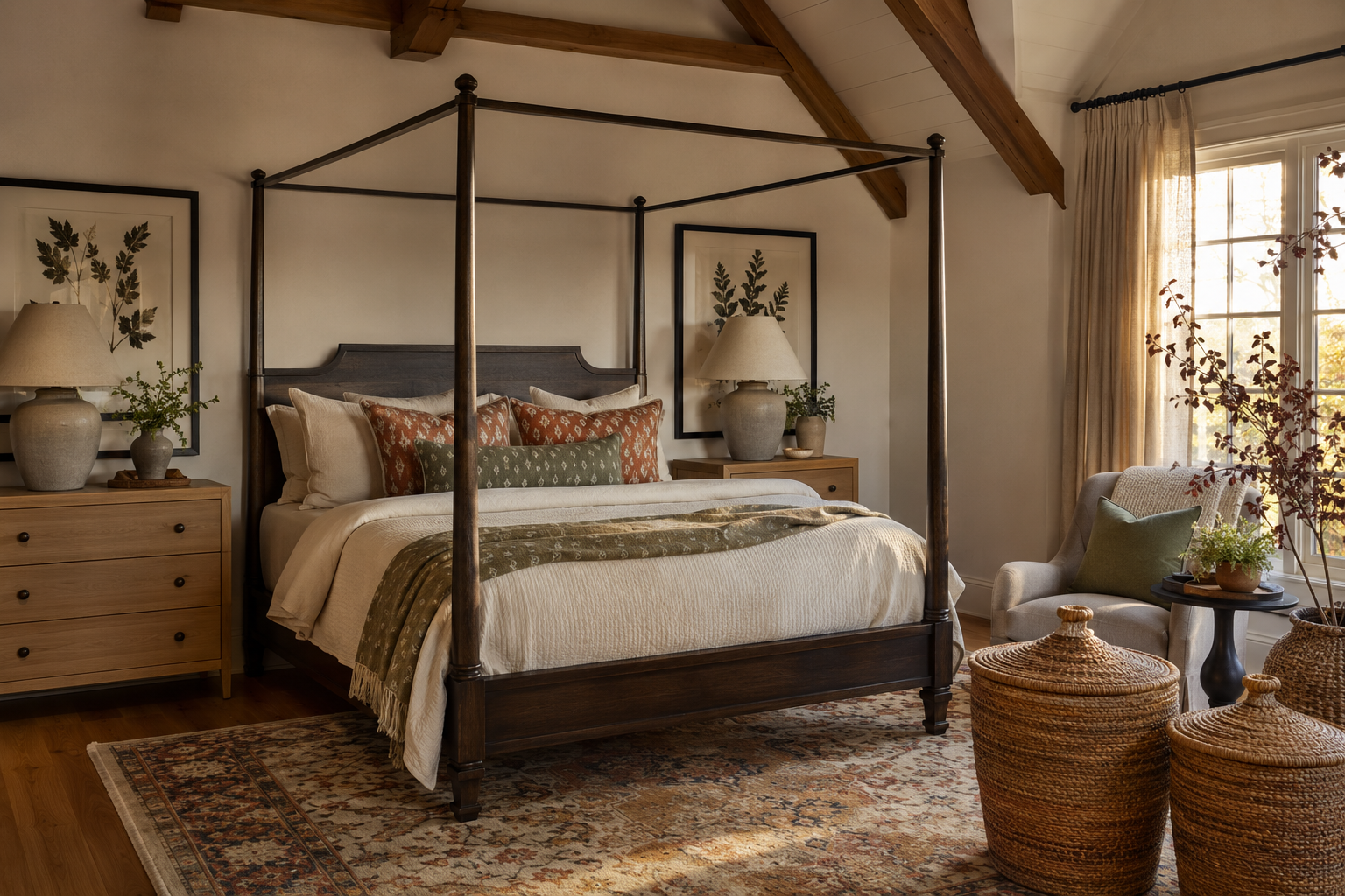 Neutral palette bedroom canopy bed