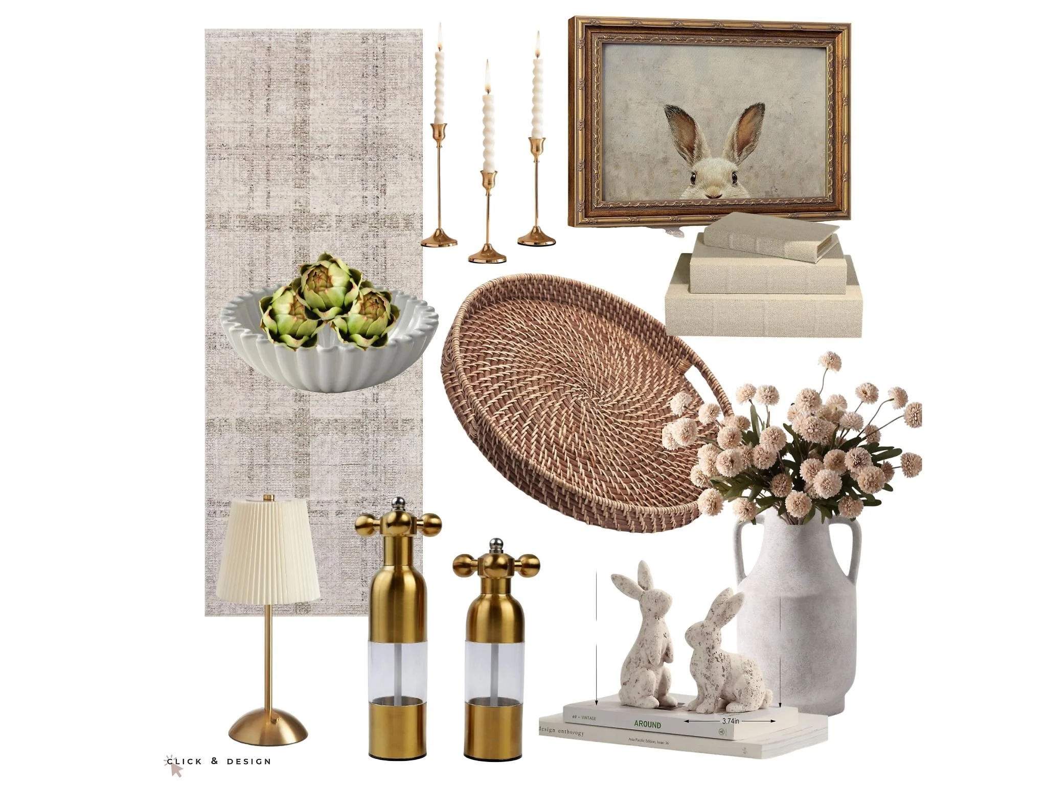 Antique brass, bunny decor, books, neutral rug, candles , small lamp, florals,
