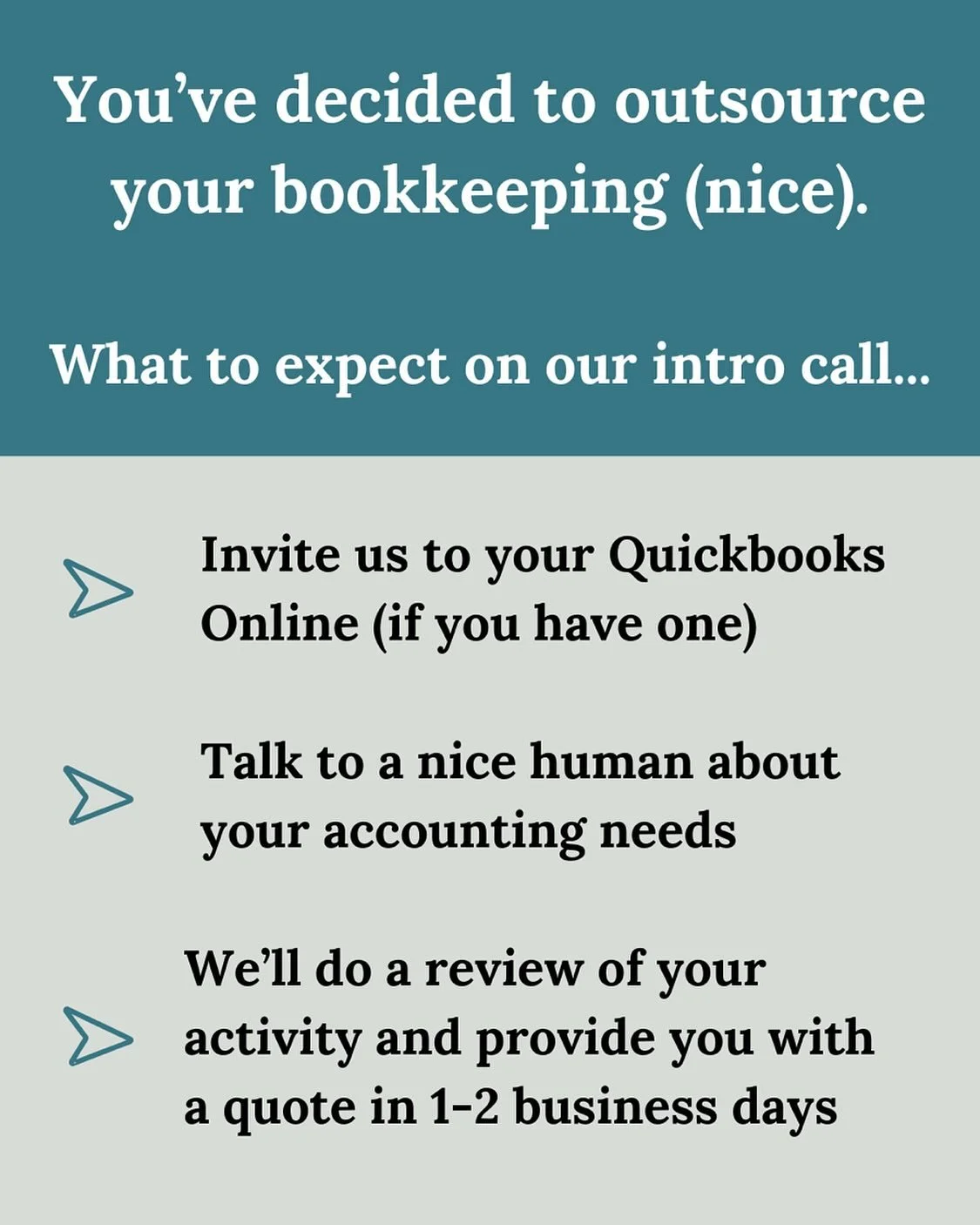 POV: you booked an intro call to learn more about our monthly bookkeeping service/clean up. Now what?

You can expect to:
👉have a nice conversation with a human
👉tell us about your biz
👉ask any questions you might have
👉receive an emailed quote w