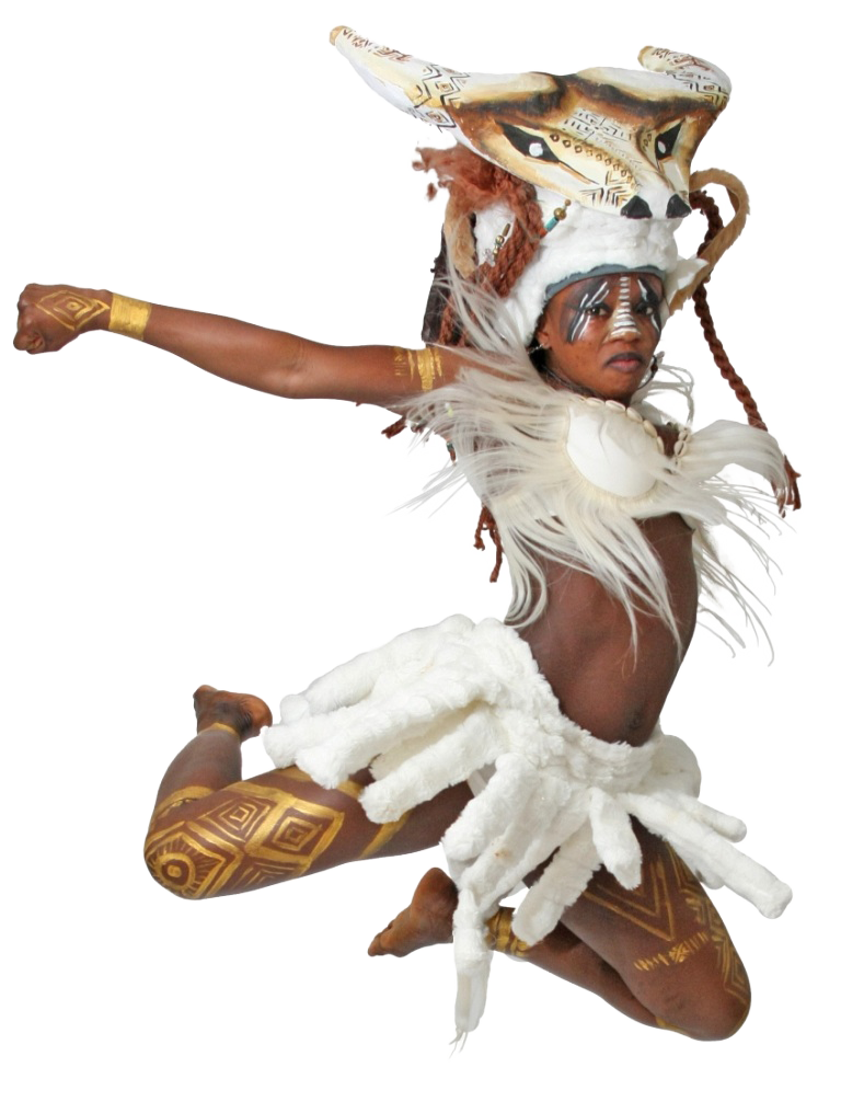 Person dressed in traditional African or tribal costume, including a headdress with a fox's head, body paint, and body adornments, striking a dynamic pose.