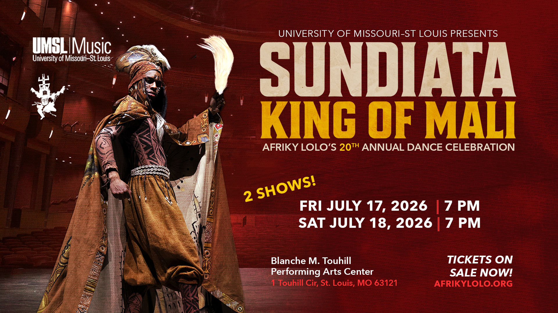 Poster for Sundiata: King of Mali dance celebration at University of Missouri-St. Louis featuring a traditional Malian performer in colorful attire holding a feathered staff in an auditorium.